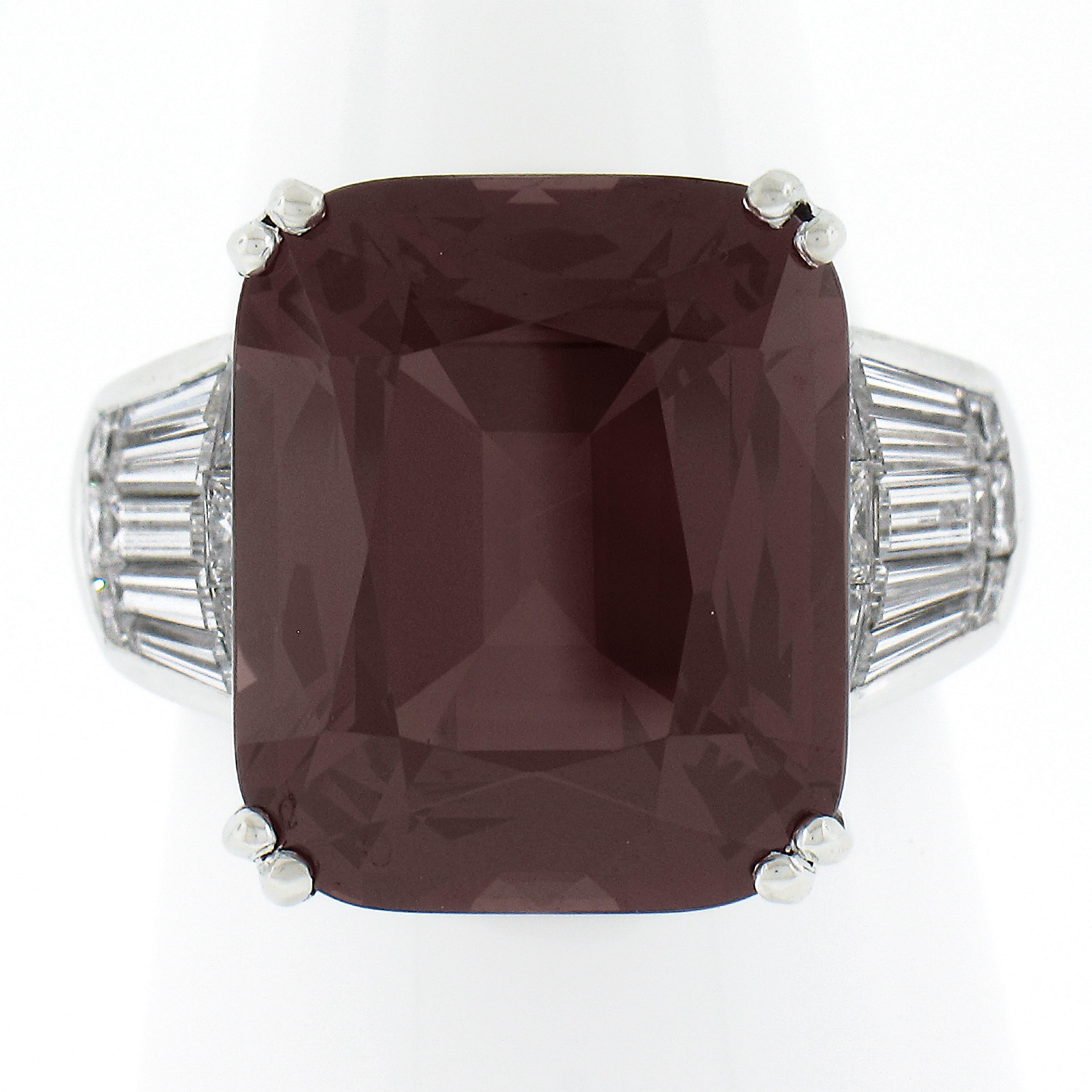 --Stone(s):--
(1) Natural Genuine Rhodolite Garnet - Elongated Cushion Brilliant Cut - Prong Set - Fire Purplish Red Color - 13ct (exact - certified)
** See Certification Details Below for Complete Info **
(22) Natural Genuine Diamonds - Baguette,