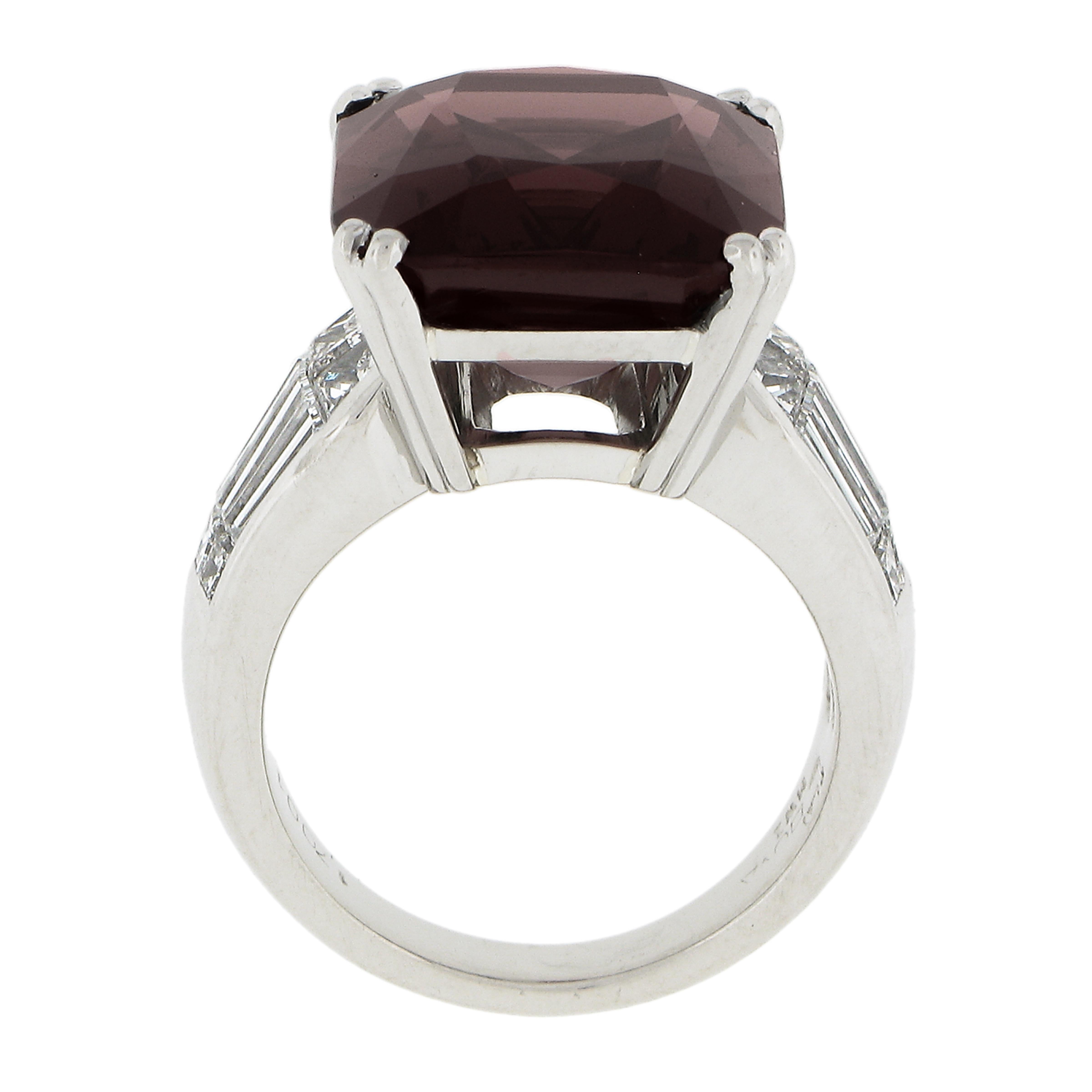 Platinum 14.50ctw GIA Cushion Rhodolite Garnet Solitaire & Diamond Accents Ring For Sale 3