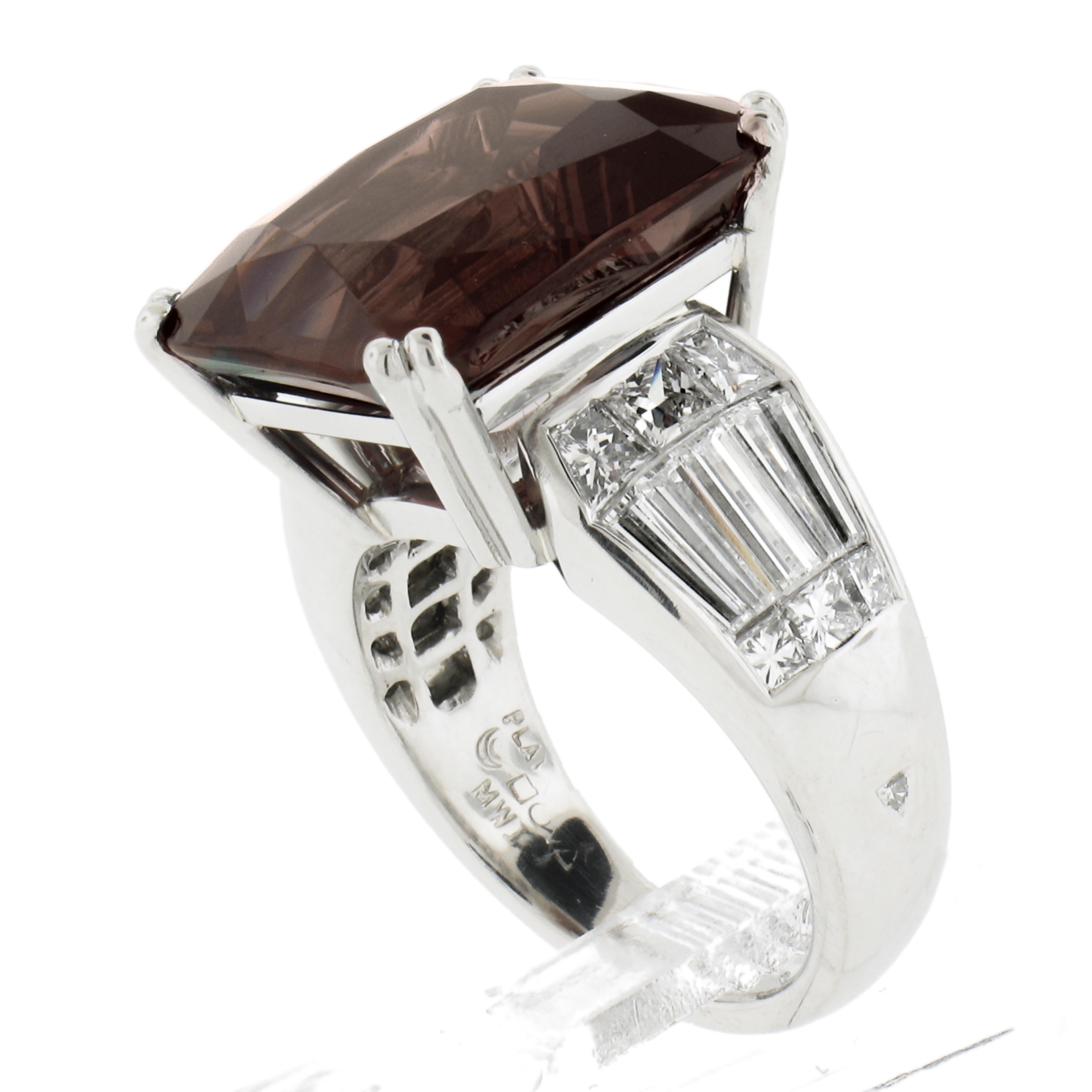 Platinum 14.50ctw GIA Cushion Rhodolite Garnet Solitaire & Diamond Accents Ring For Sale 4