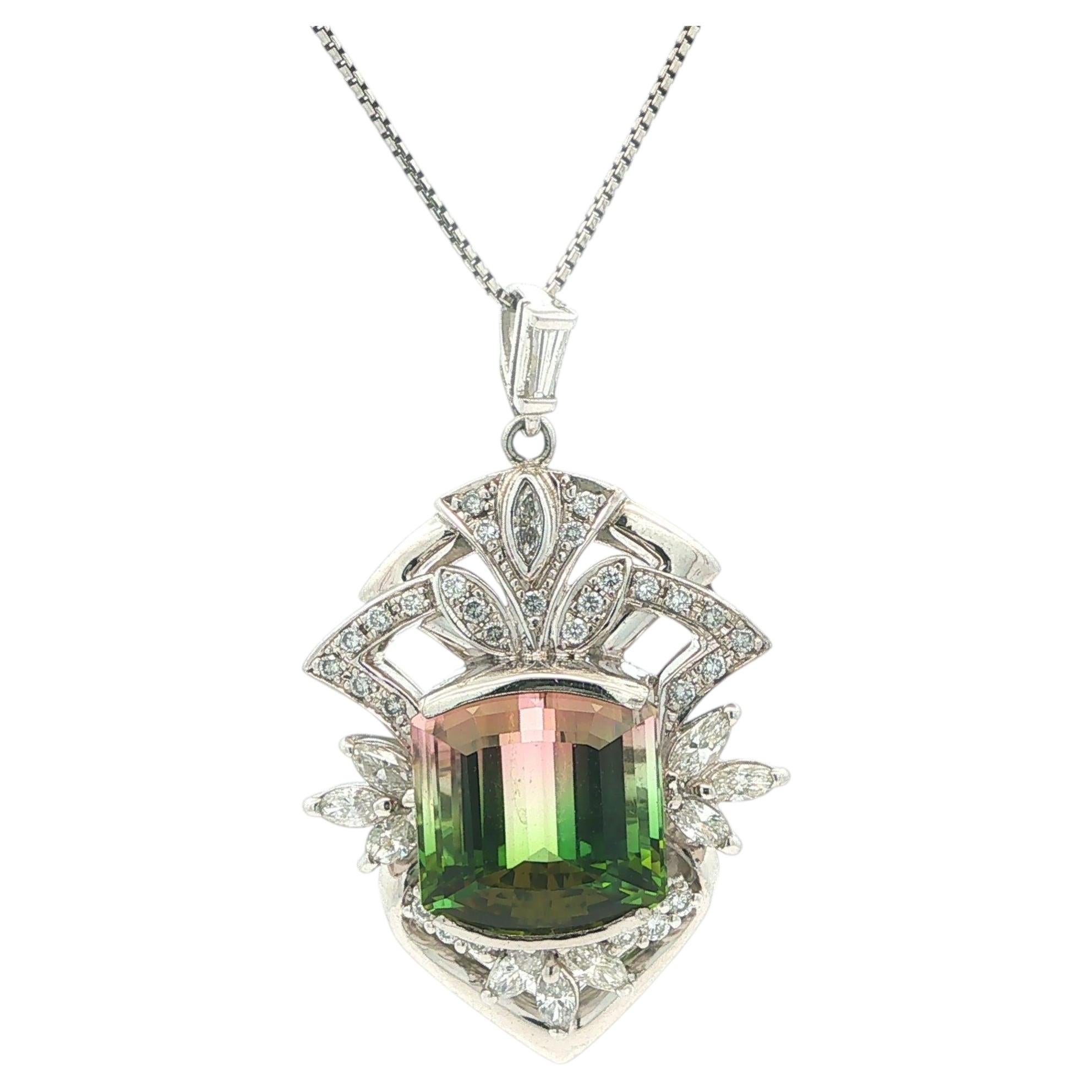 Platinum 14.57ctw GIA Large Watermelon Tourmaline & Diamond Pendant Necklace