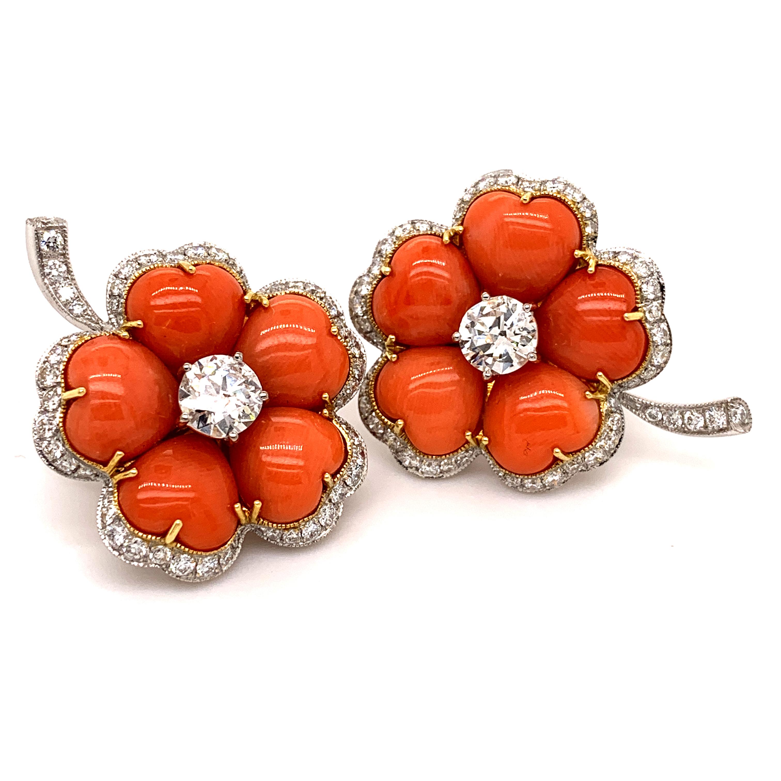 Sophia D. 14.61 Carat Coral and Diamond Floral Earrings In New Condition In New York, NY