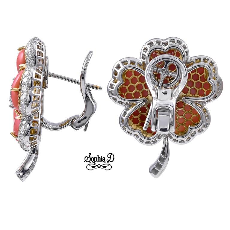 Women's or Men's Sophia D. 14.61 Carat Coral and Diamond Floral Earrings