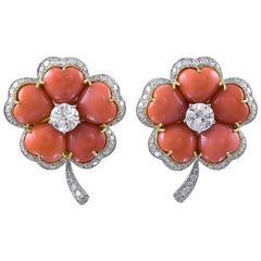 Platinum 14.61 Carat Coral and Diamond Floral Earrings