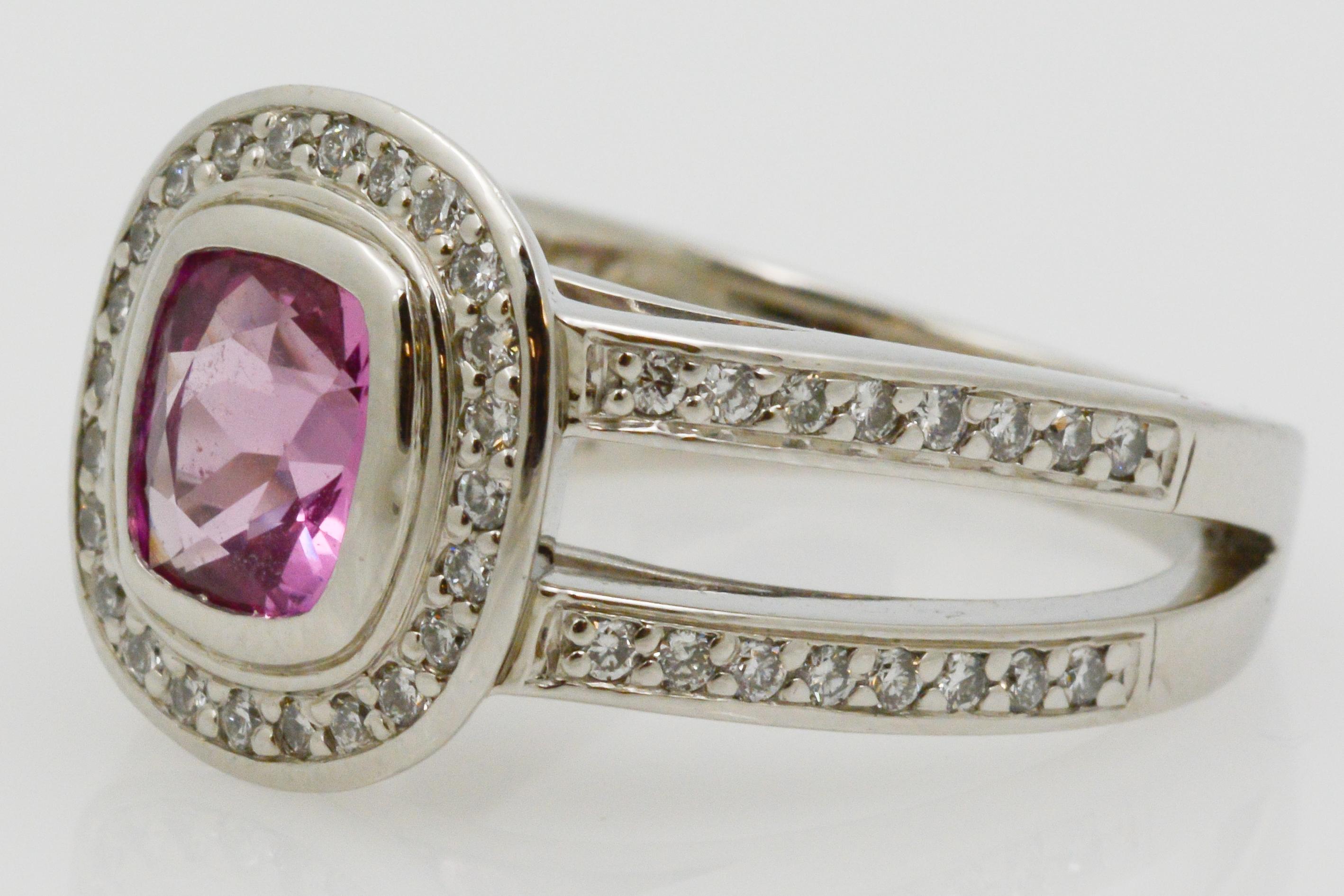 Platinum 1.48 Carat Cushion Cut Pink Sapphire with Diamond Halo Ring 2