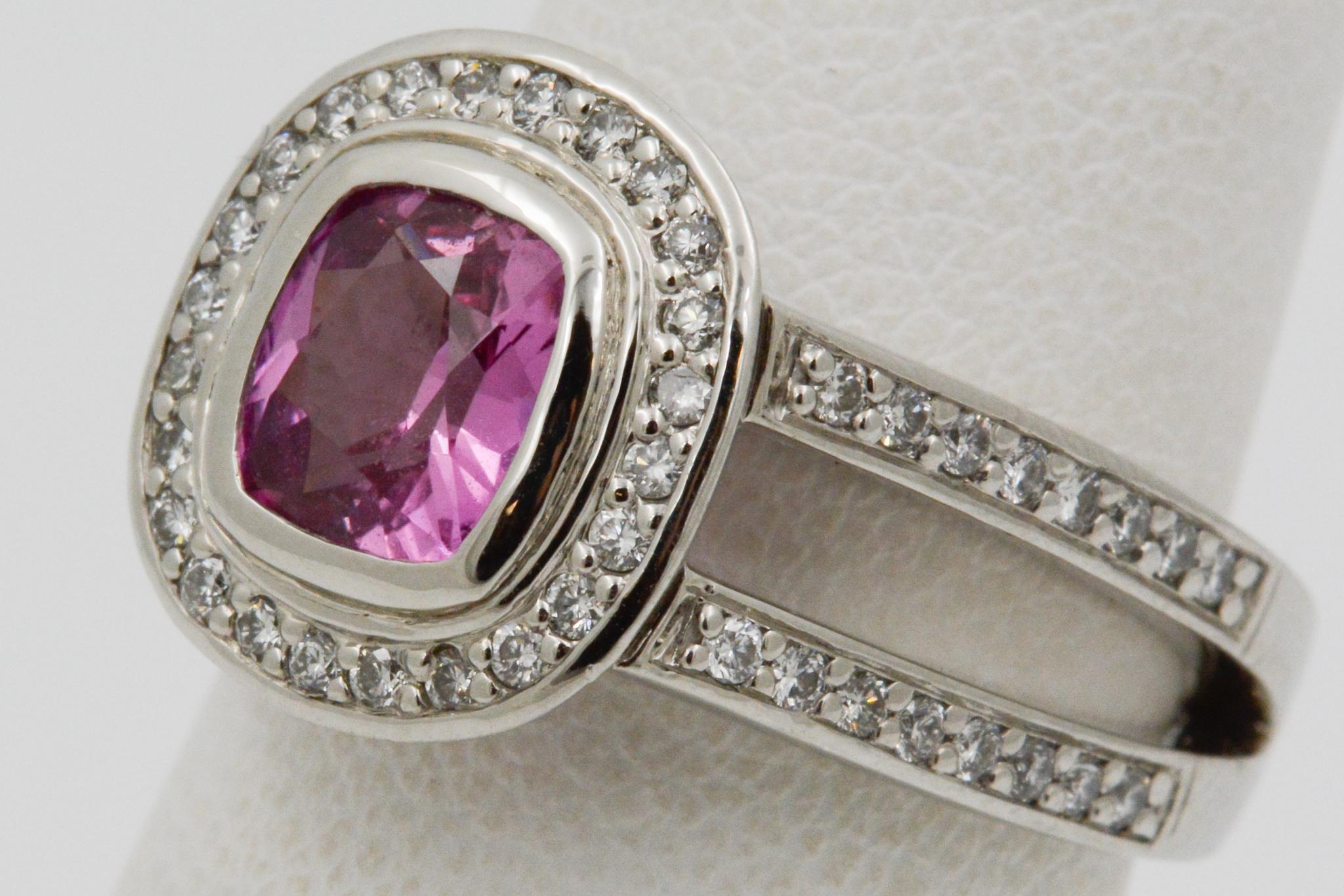 Modern Platinum 1.48 Carat Cushion Cut Pink Sapphire with Diamond Halo Ring