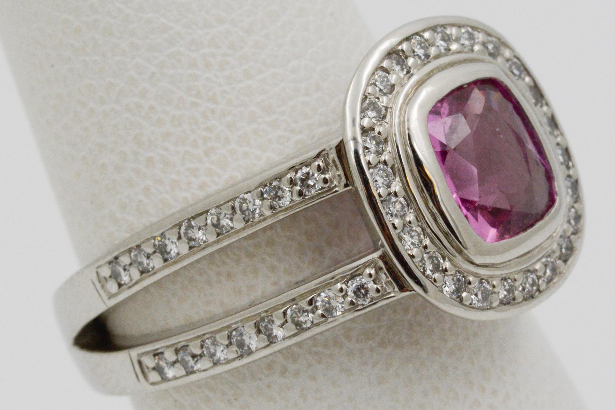 Platinum 1.48 Carat Cushion Cut Pink Sapphire with Diamond Halo Ring In Excellent Condition In Dallas, TX