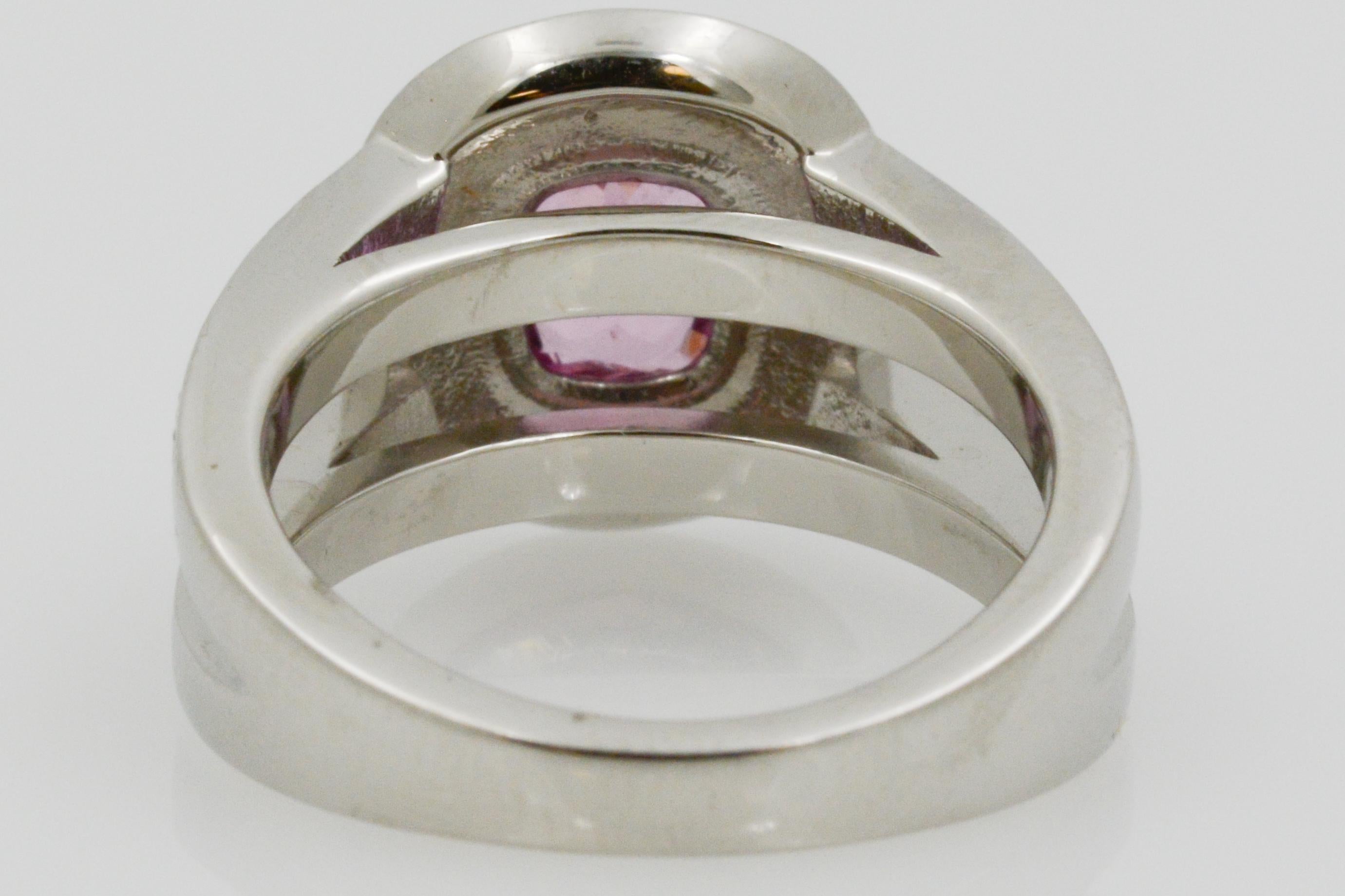 Platinum 1.48 Carat Cushion Cut Pink Sapphire with Diamond Halo Ring 6