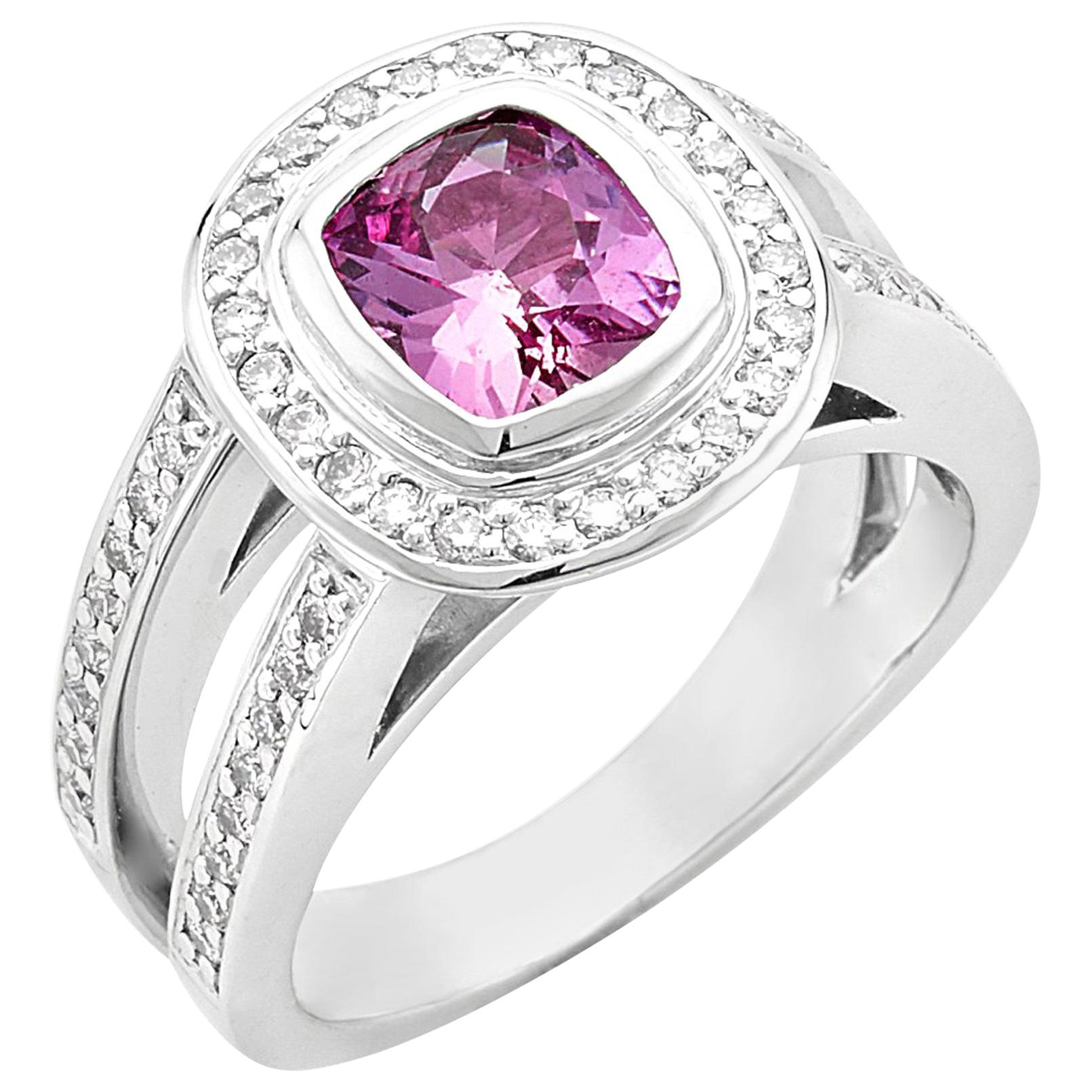 Platinum 1.48 Carat Cushion Cut Pink Sapphire with Diamond Halo Ring