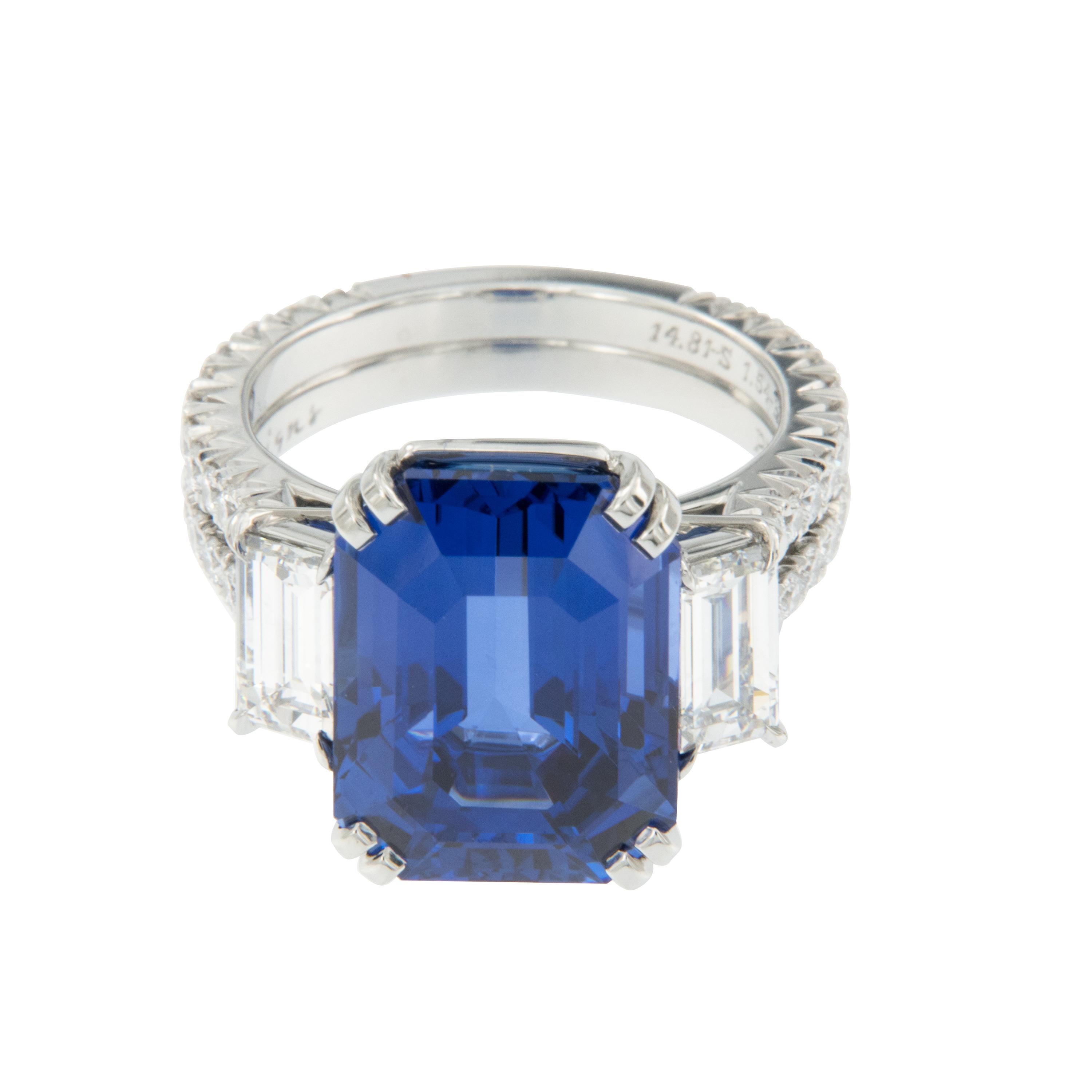 The rarity of the vivd blue color, large size & fact that this is a natural sapphire makes it highly prized by both gem collectors and jewelry enthusiasts alike. Paired with two exceptional fine VVS1, F-G color diamonds makes this ring a once in a