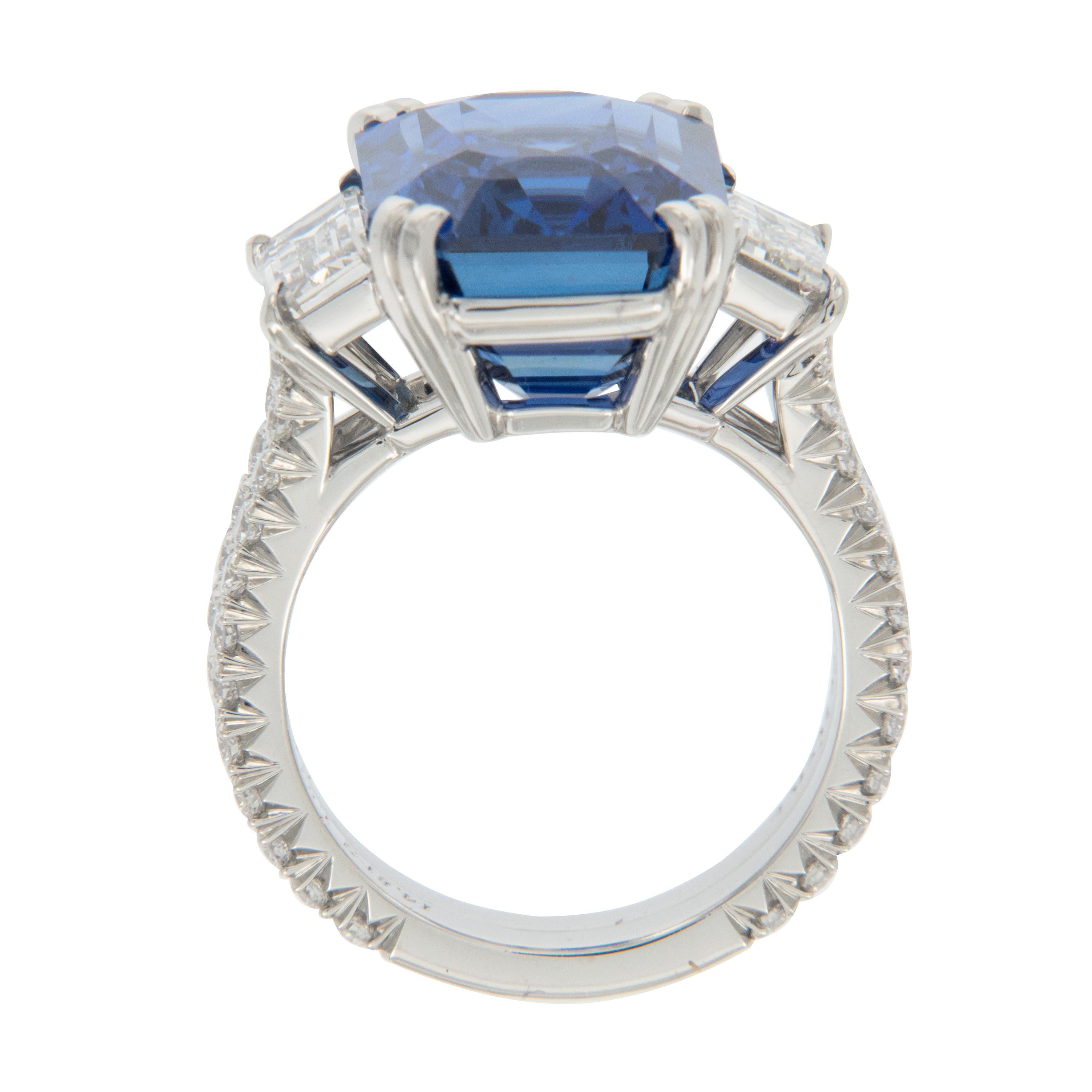 Contemporary Platinum 14.81 Ct Natural Sapphire and 1.54 Ct Diamond Ring with GRS & GIA Certs