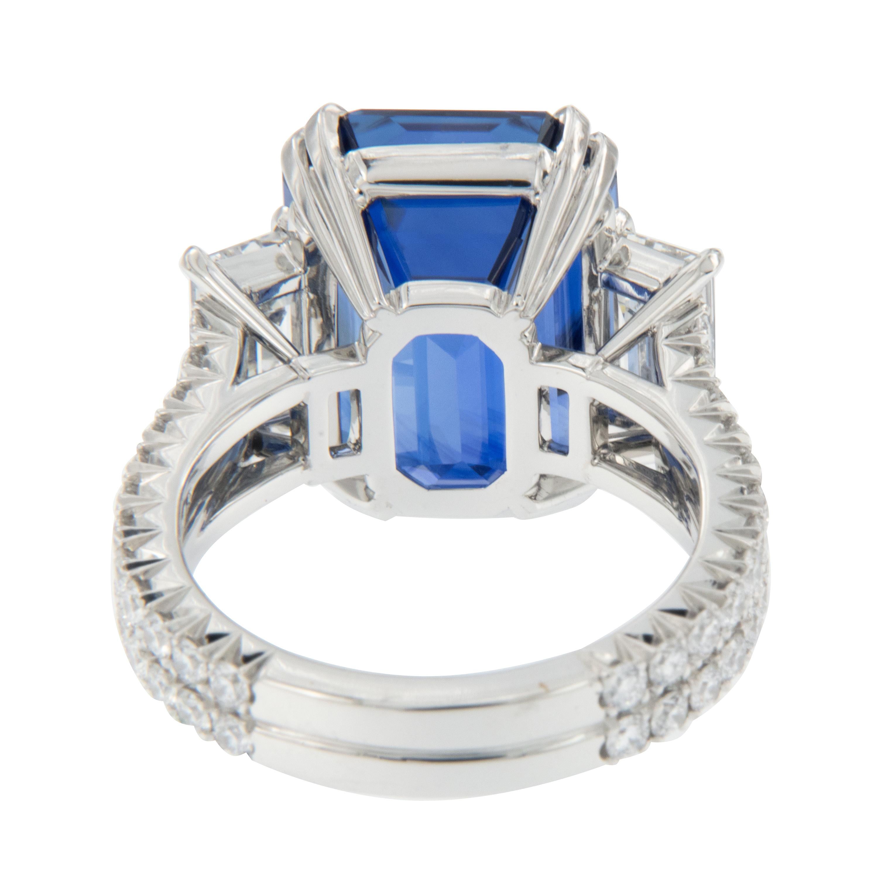 Emerald Cut Platinum 14.81 Ct Natural Sapphire and 1.54 Ct Diamond Ring with GRS & GIA Certs