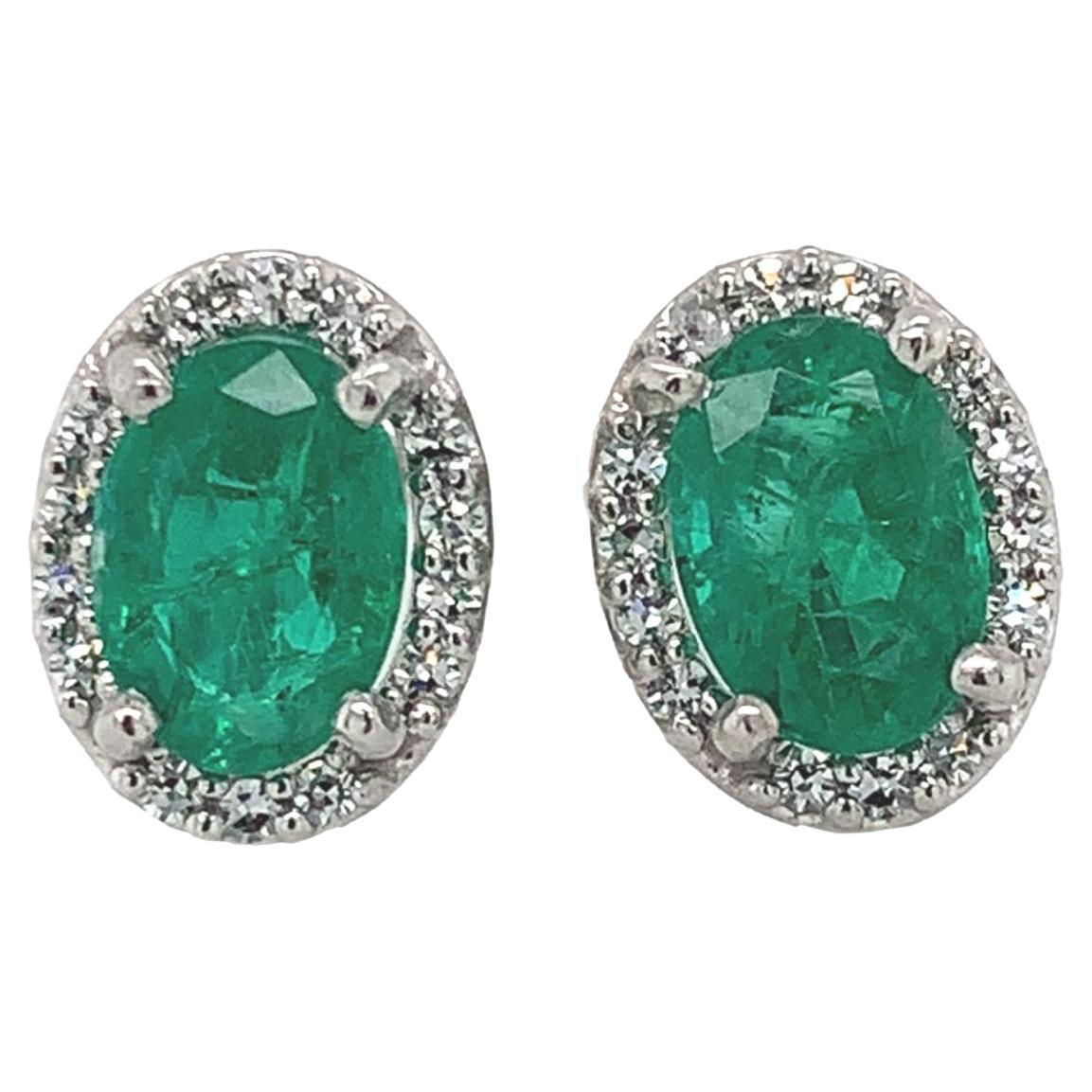Platinum 1.48cttw Fine Emerald and Diamond Stud Earrings