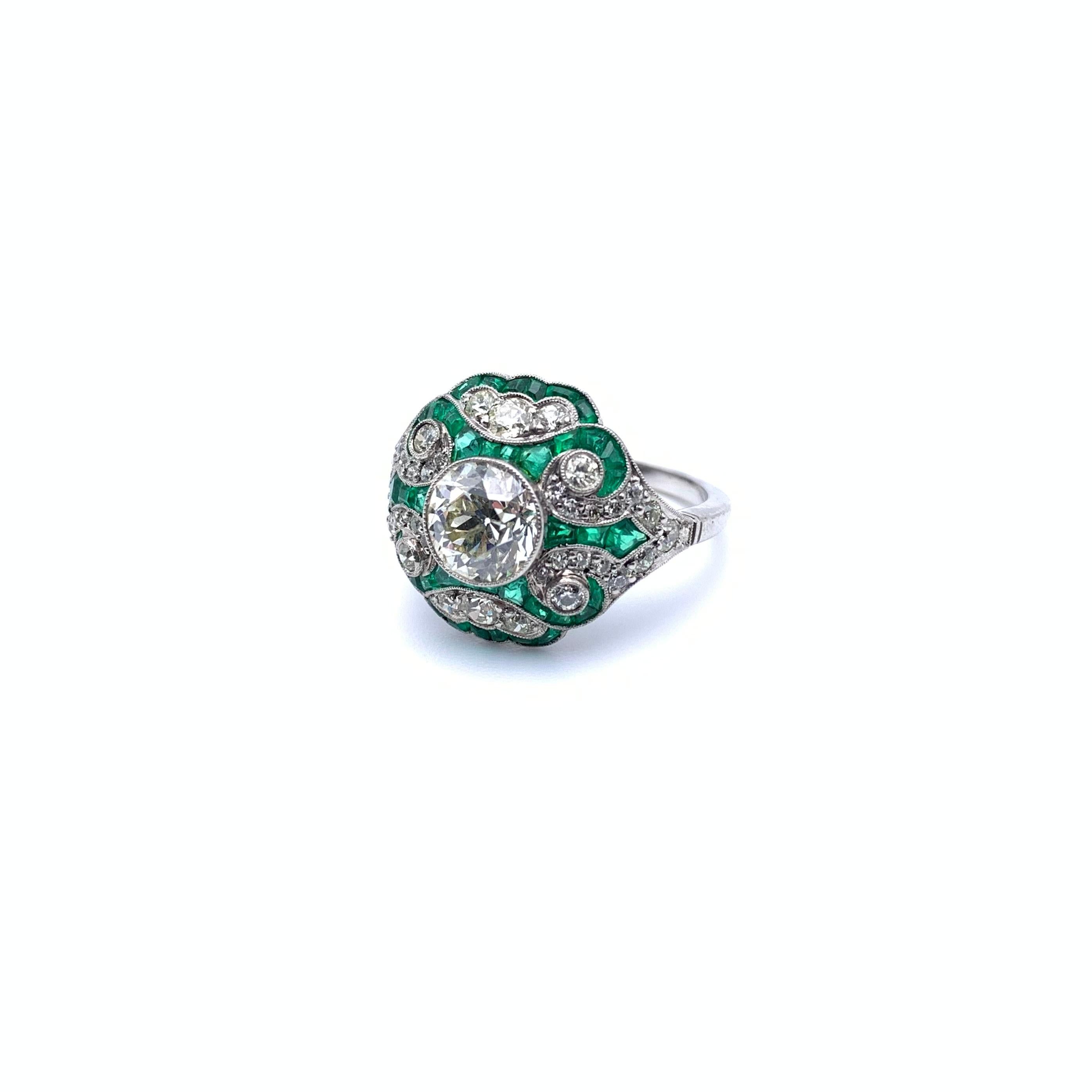 Art Deco Platinum 1.49 CT Old European Cut Diamond and Emerald Ring