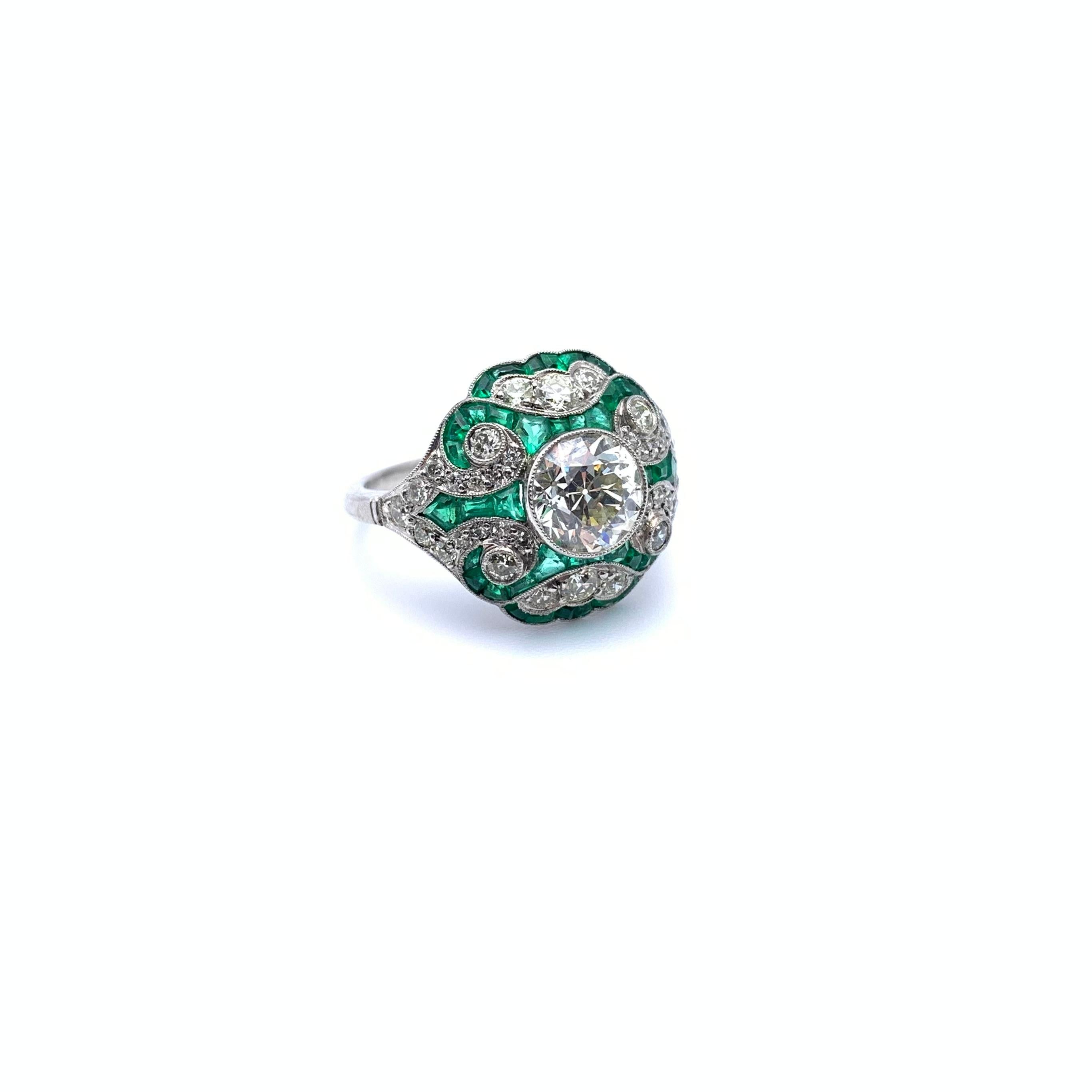 Platinum 1.49 CT Old European Cut Diamond and Emerald Ring In Good Condition In Lynchburg, VA