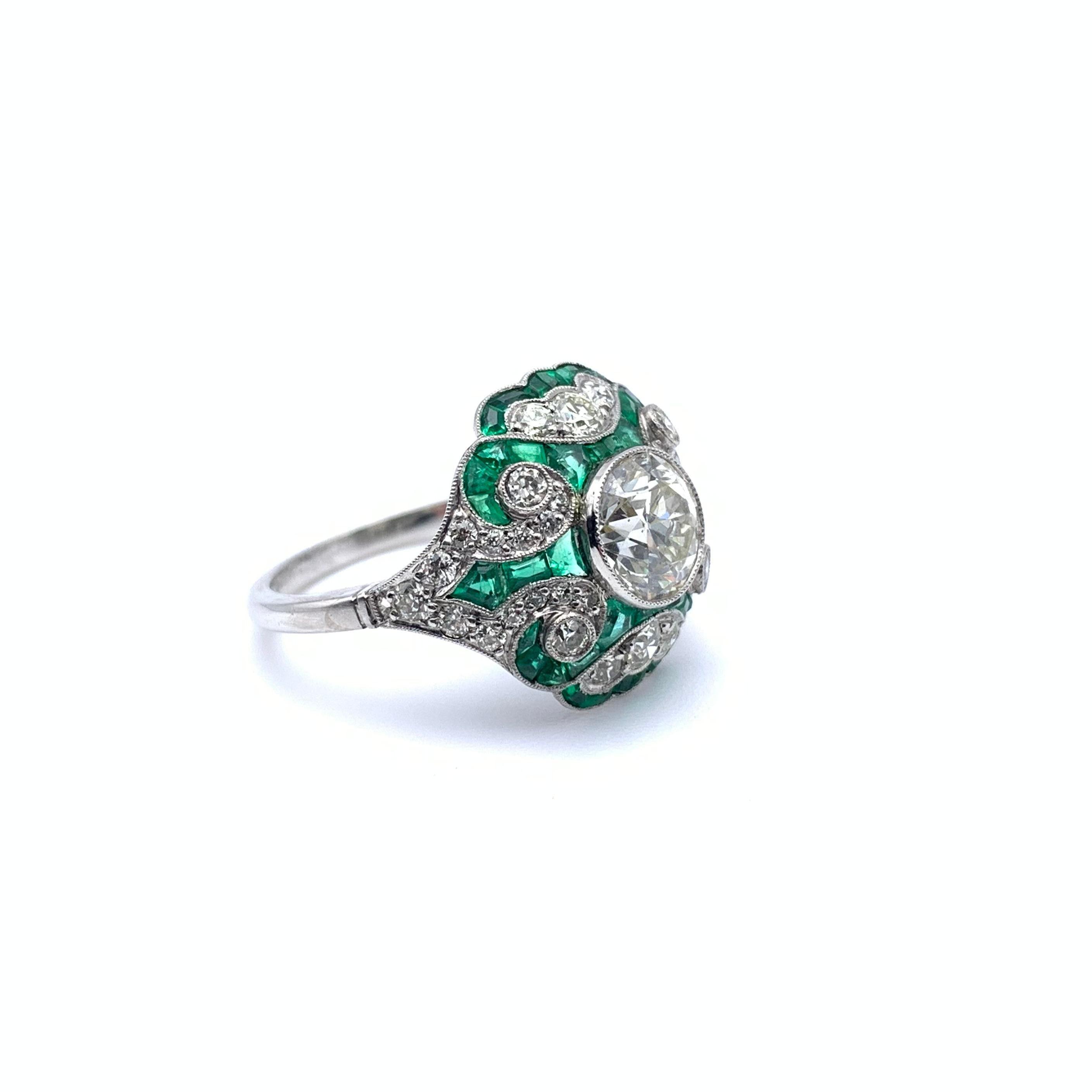 Women's Platinum 1.49 CT Old European Cut Diamond and Emerald Ring