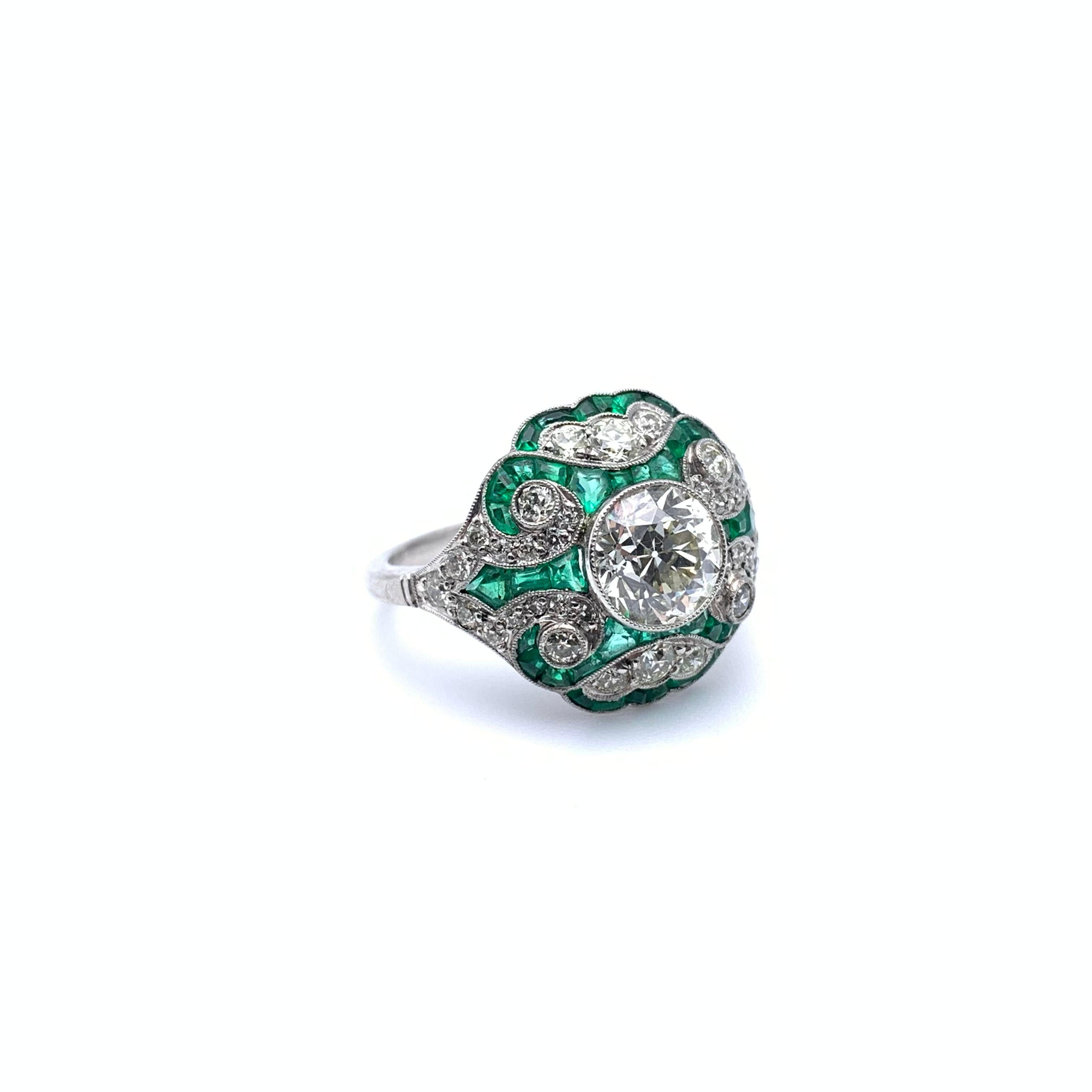 Platinum 1.49 CT Old European Cut Diamond and Emerald Ring 1