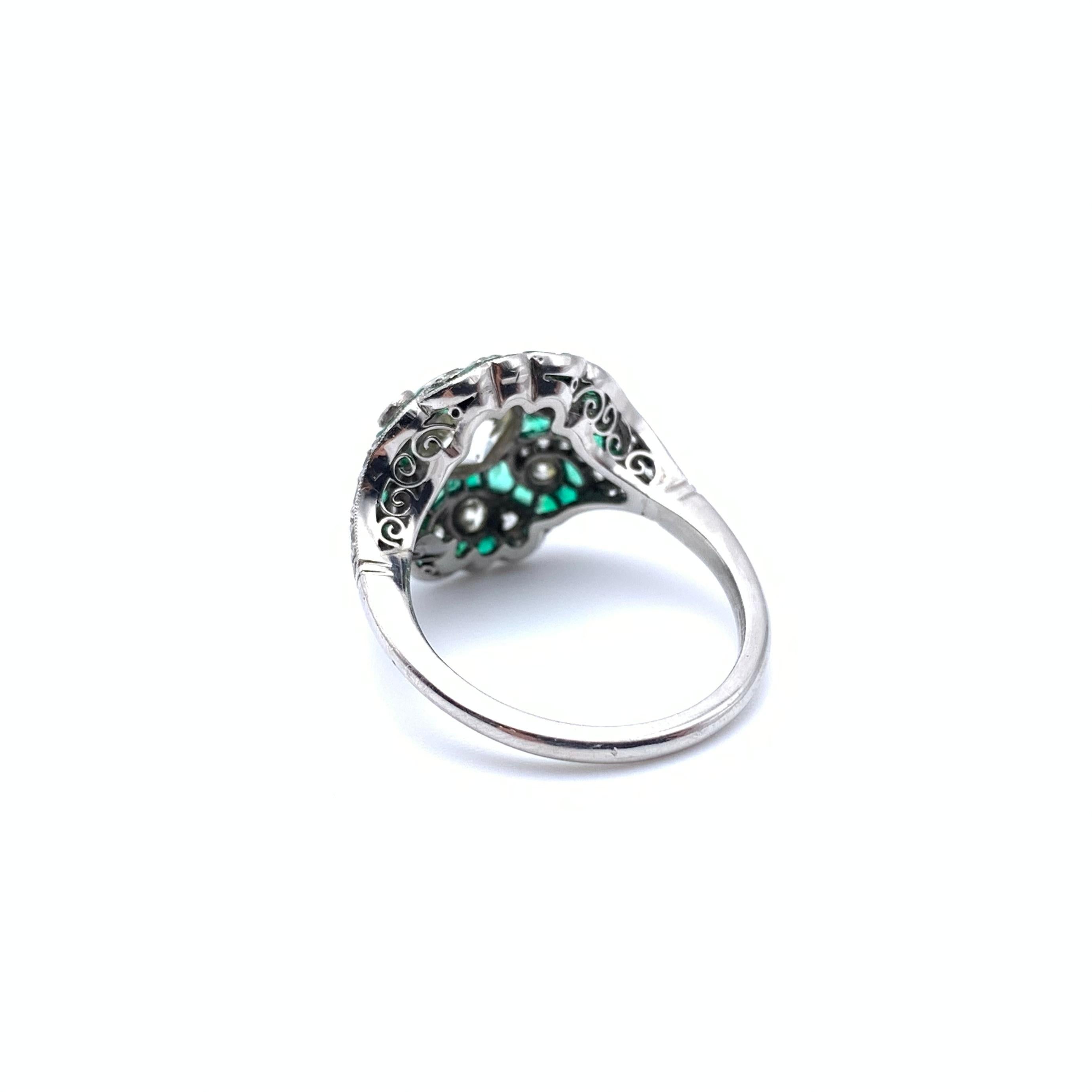 Platinum 1.49 CT Old European Cut Diamond and Emerald Ring 2
