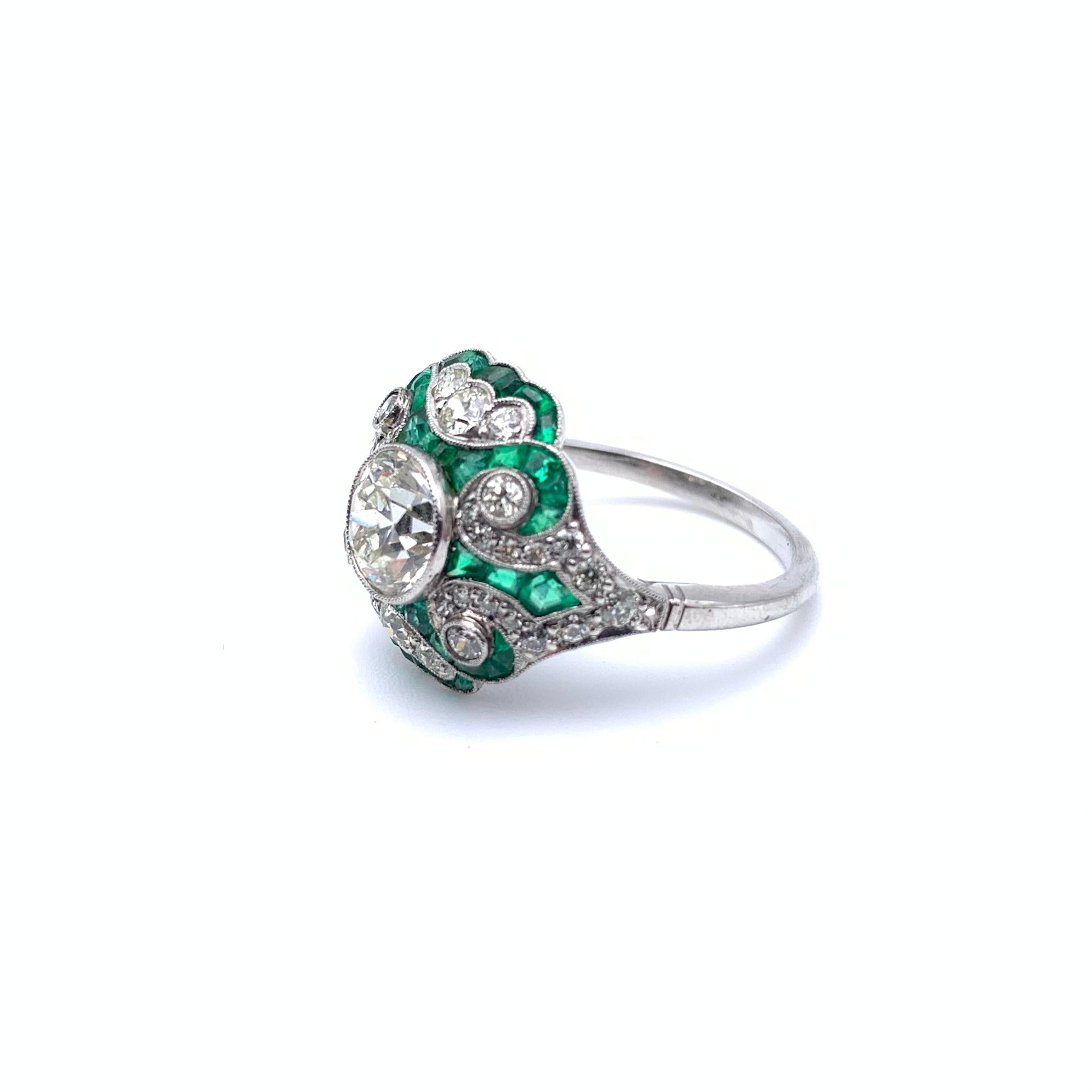 Platinum 1.49 CT Old European Cut Diamond and Emerald Ring 3