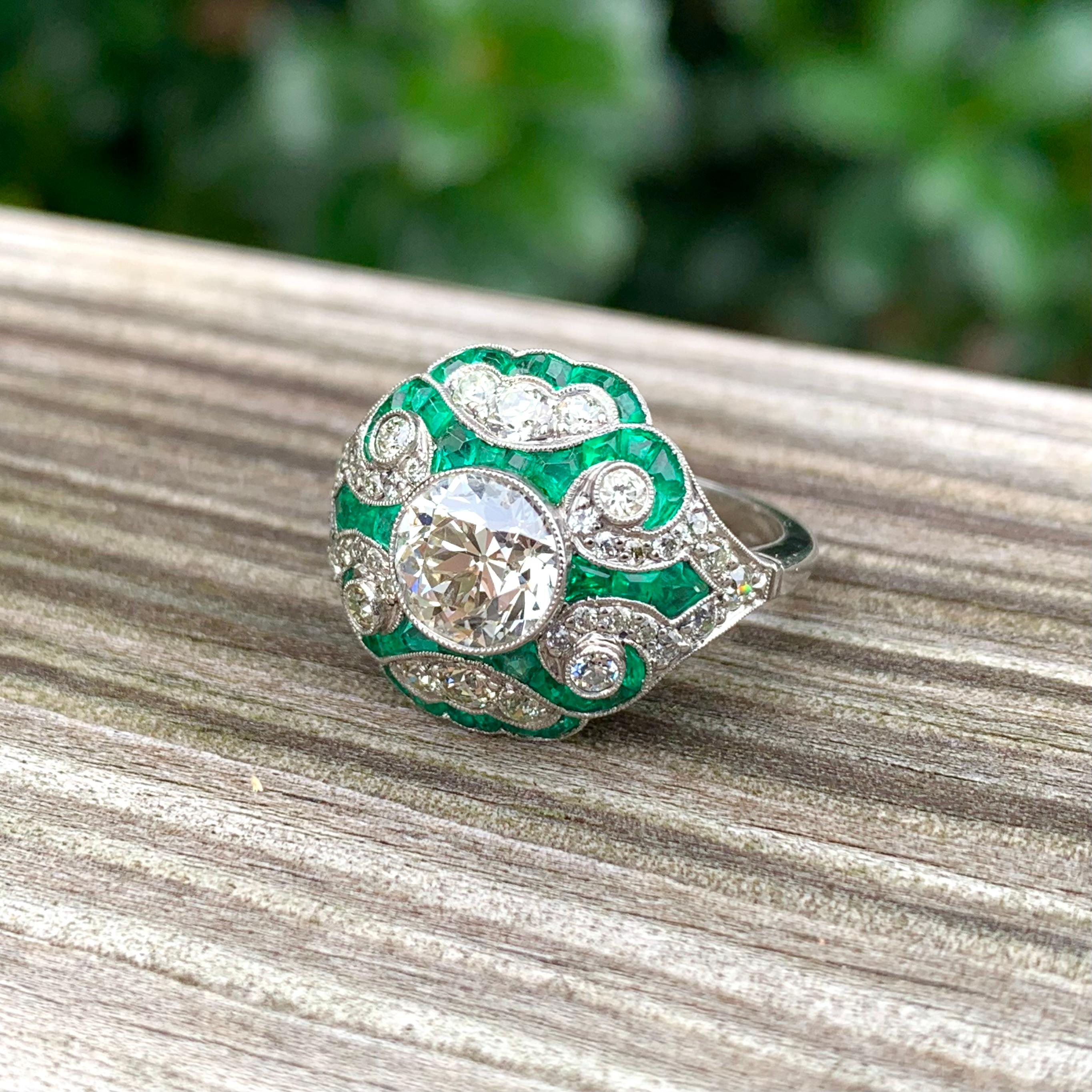 Platinum 1.49 CT Old European Cut Diamond and Emerald Ring 4