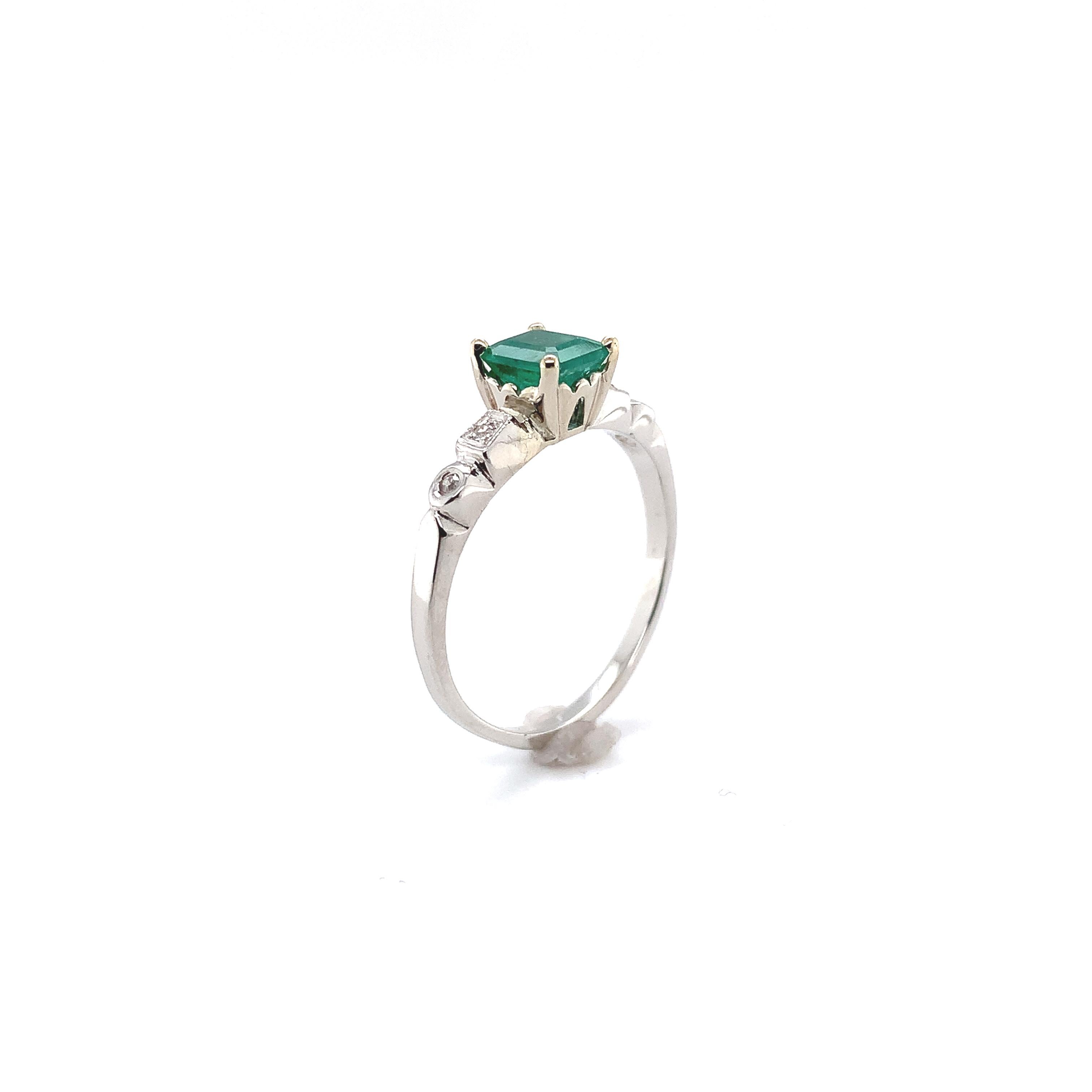 Emerald Cut Platinum + 14K .82ct Emerald & Diamond Ring For Sale