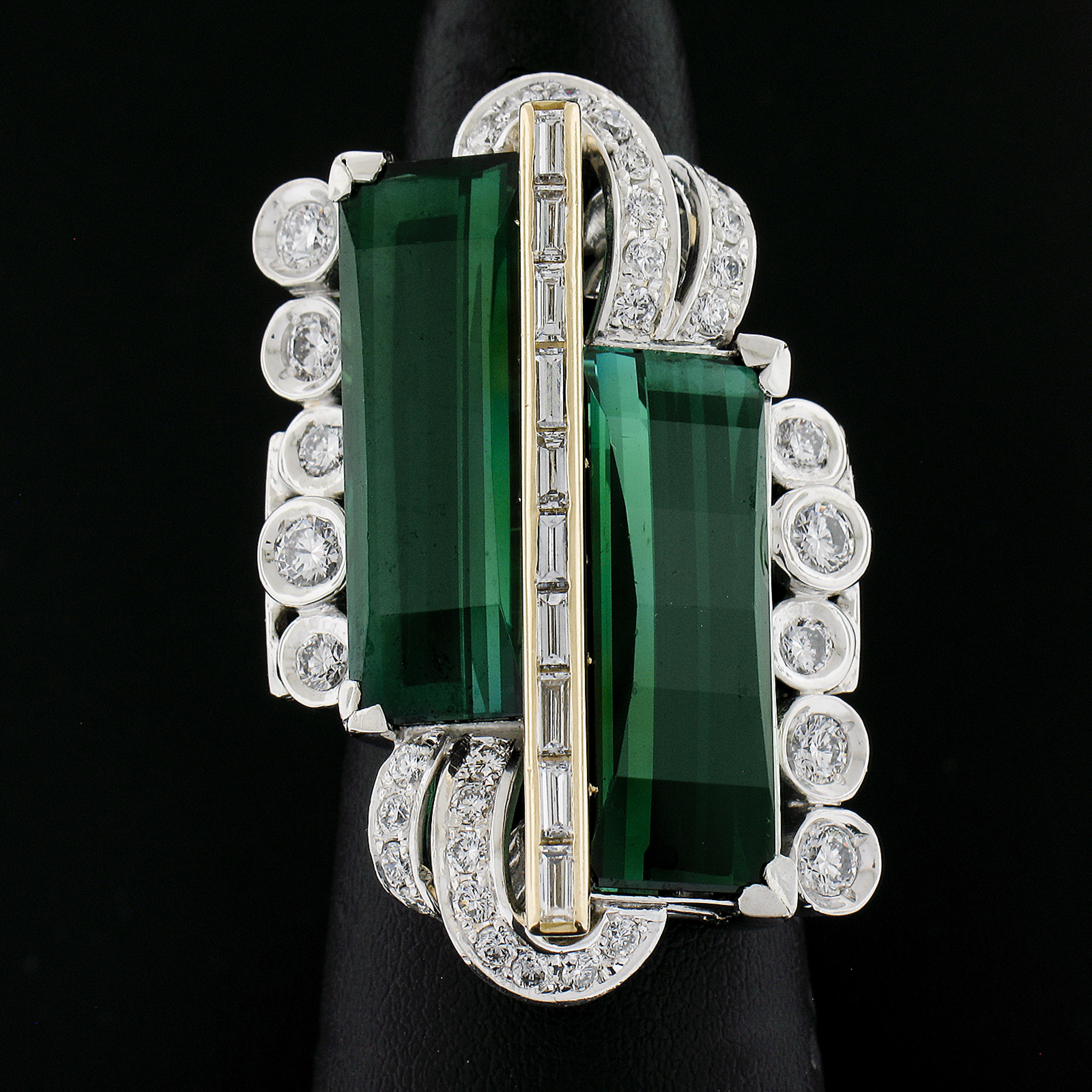 Emerald Cut Platinum & 14k Gold 17.88ctw Tourmaline & Diamond Large Unique Cocktail Ring For Sale