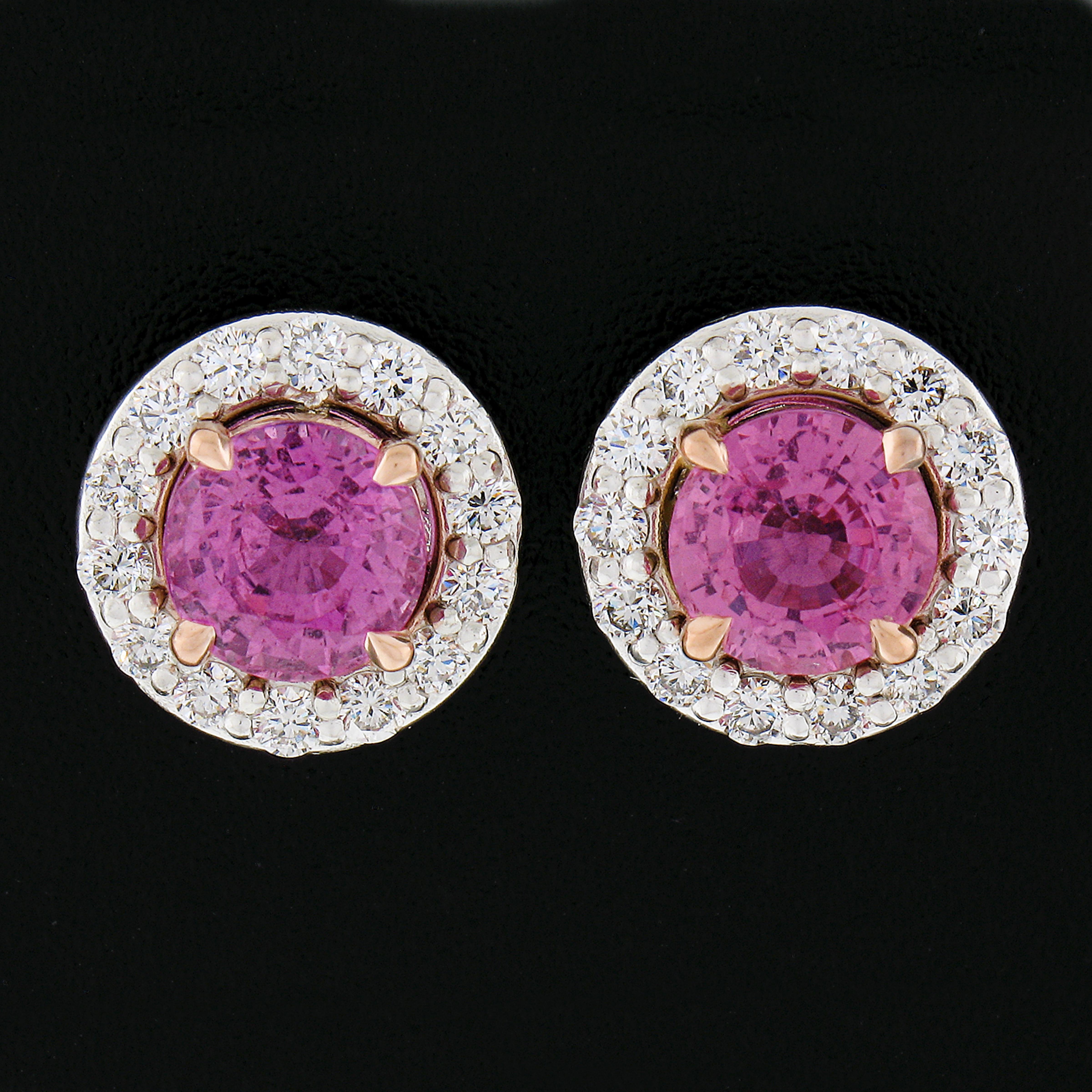 Round Cut Platinum & 14k Gold 3.06ctw GIA Pink Sapphire Diamond Halo Cluster Stud Earrings For Sale