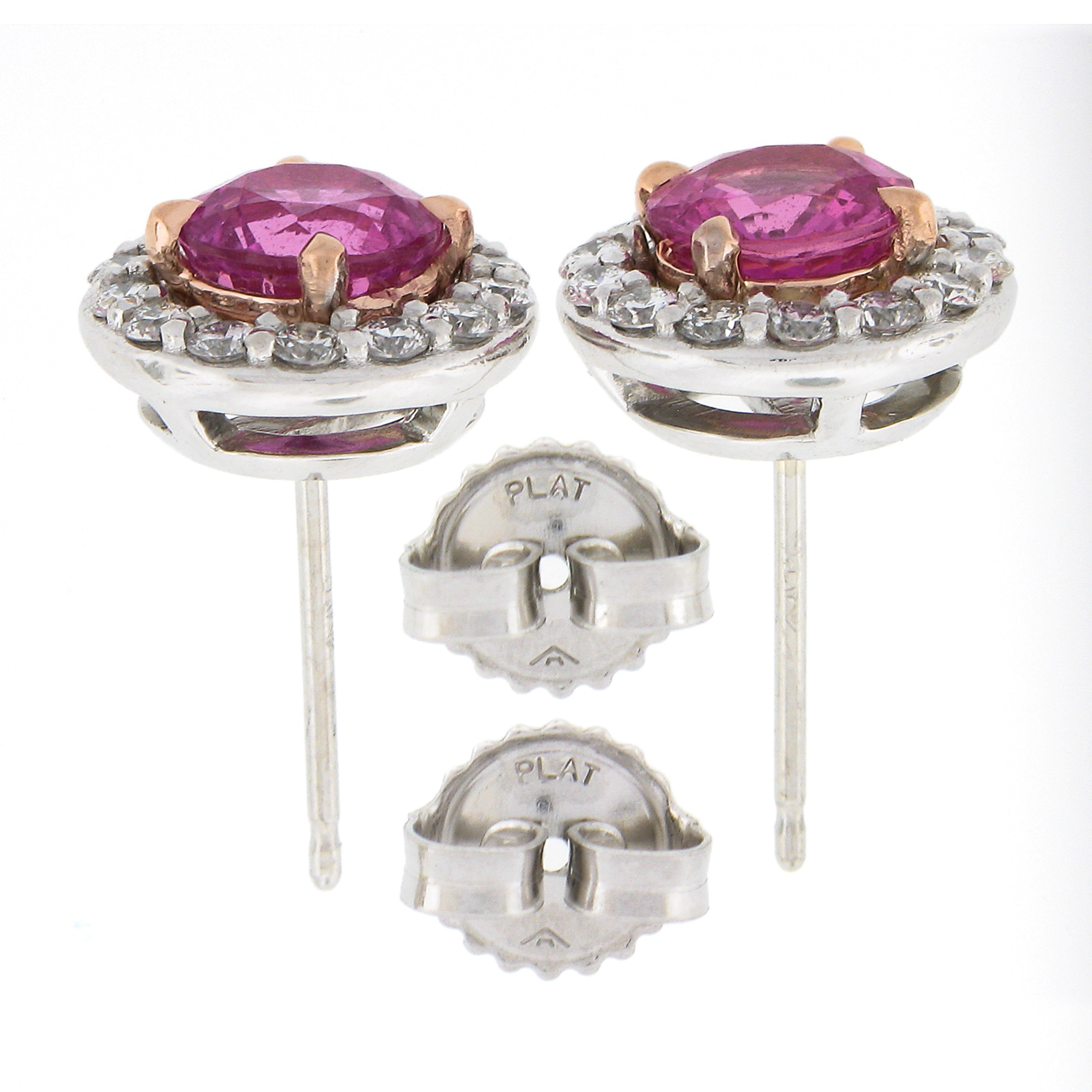 Platinum & 14k Gold 3.06ctw GIA Pink Sapphire Diamond Halo Cluster Stud Earrings In New Condition For Sale In Montclair, NJ
