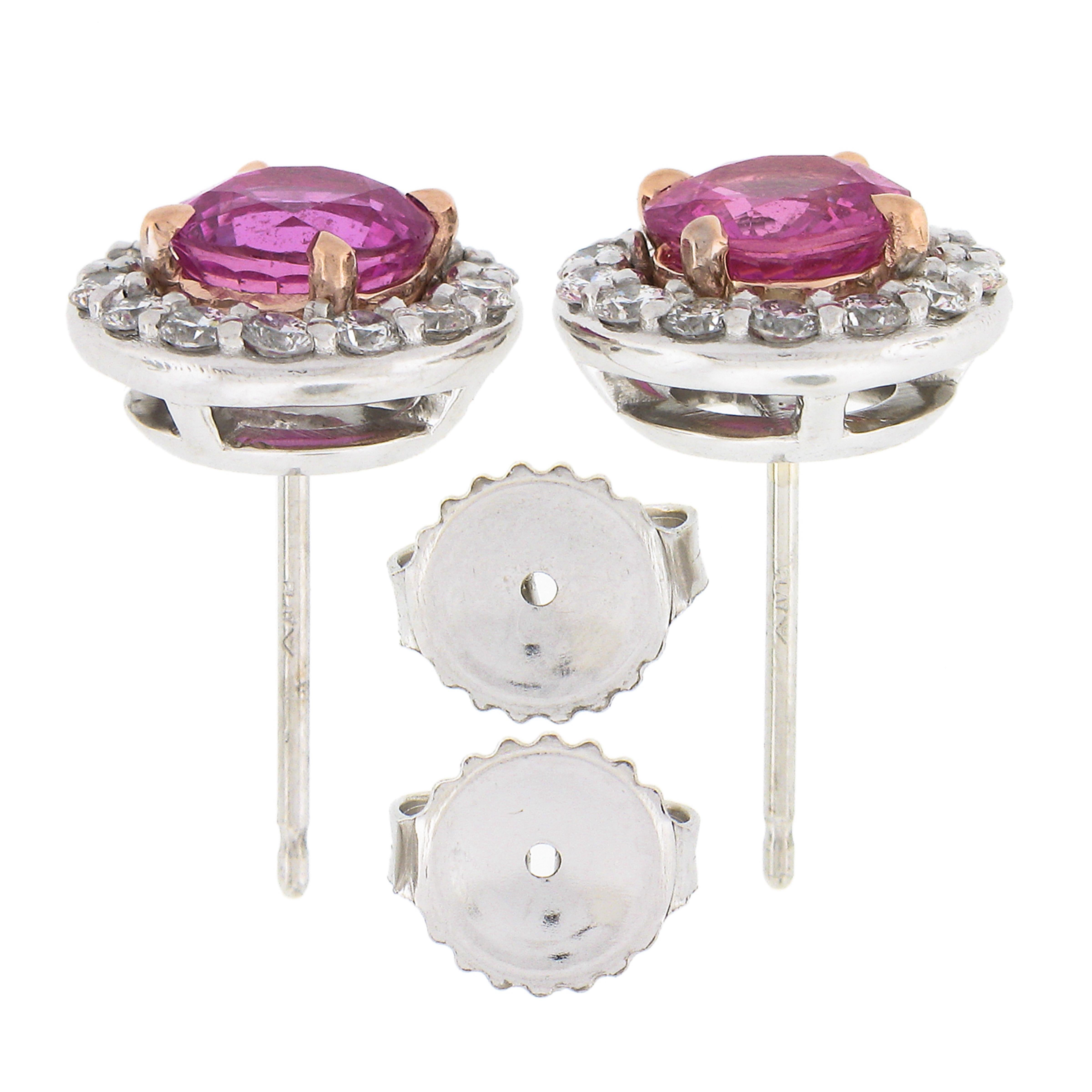 Women's Platinum & 14k Gold 3.06ctw GIA Pink Sapphire Diamond Halo Cluster Stud Earrings For Sale