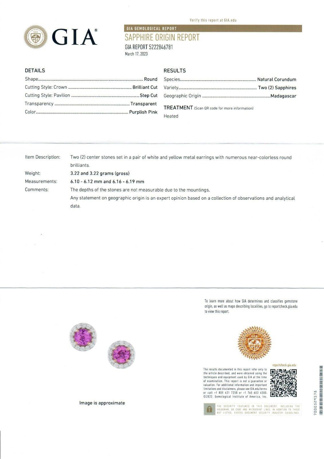 Platinum & 14k Gold 3.06ctw GIA Pink Sapphire Diamond Halo Cluster Stud Earrings For Sale 1