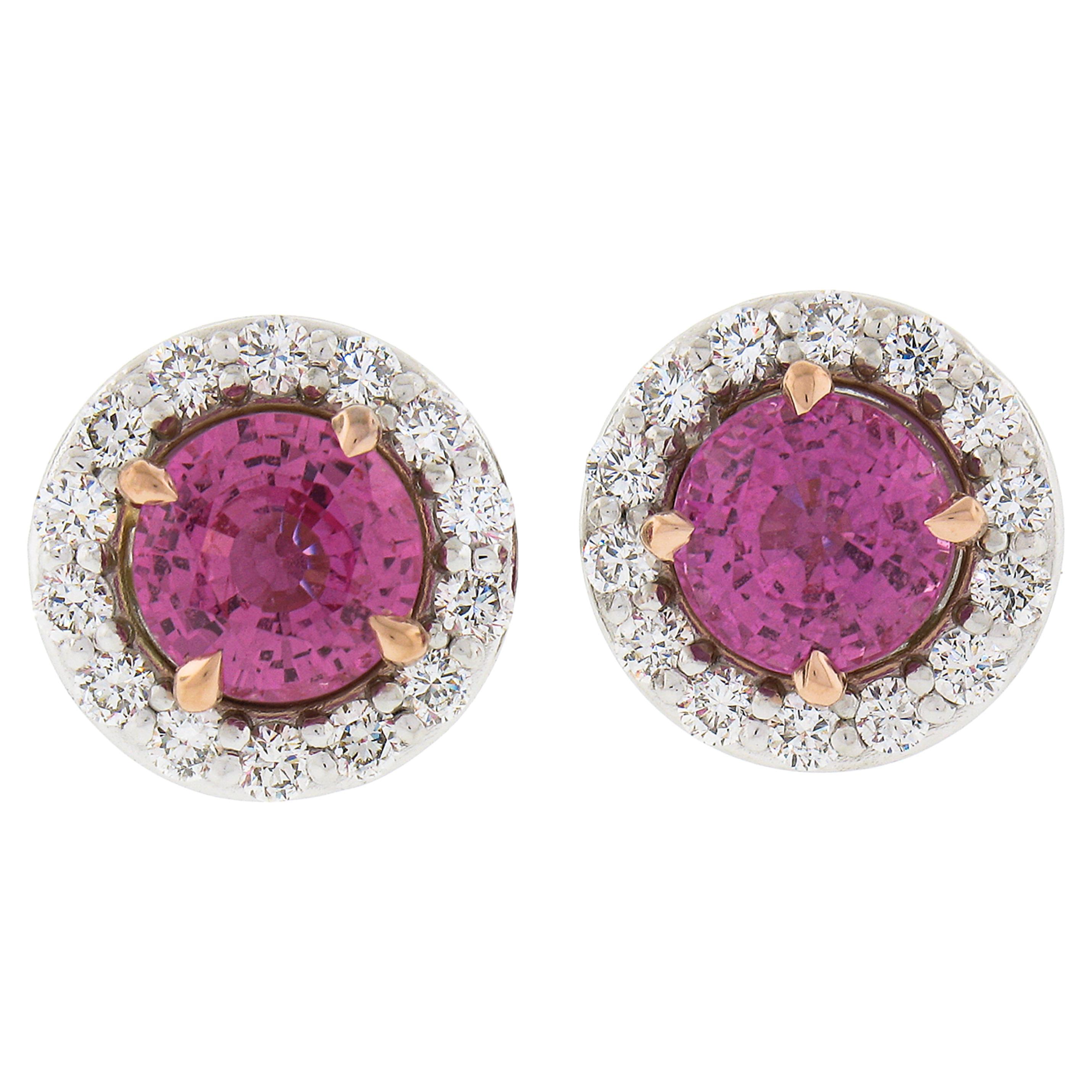 Platinum & 14k Gold 3.06ctw GIA Pink Sapphire Diamond Halo Cluster Stud Earrings For Sale