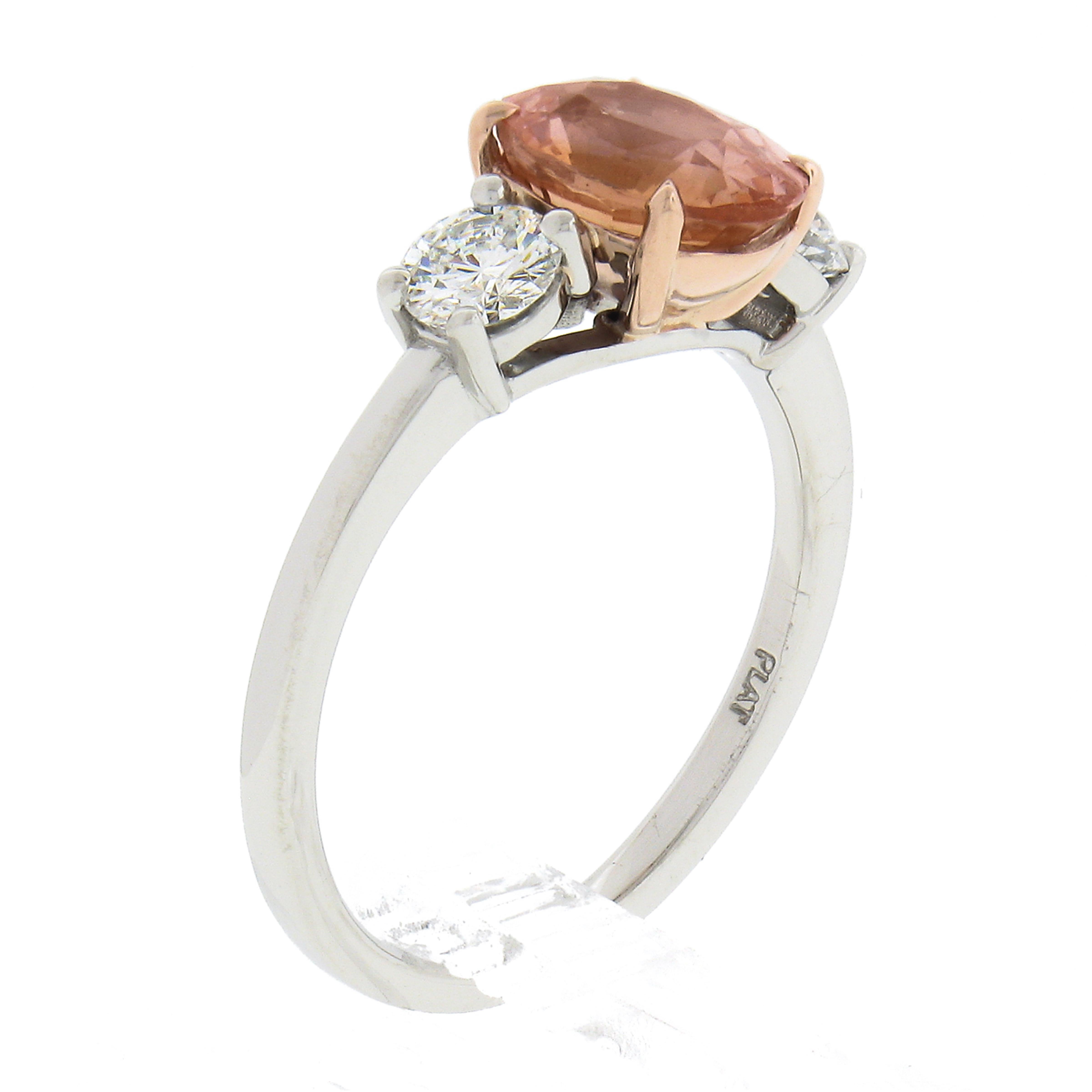Platinum & 14k Gold AGL Ceylon Orange Sapphire & Diamond 3 Stone Engagement Ring For Sale 3