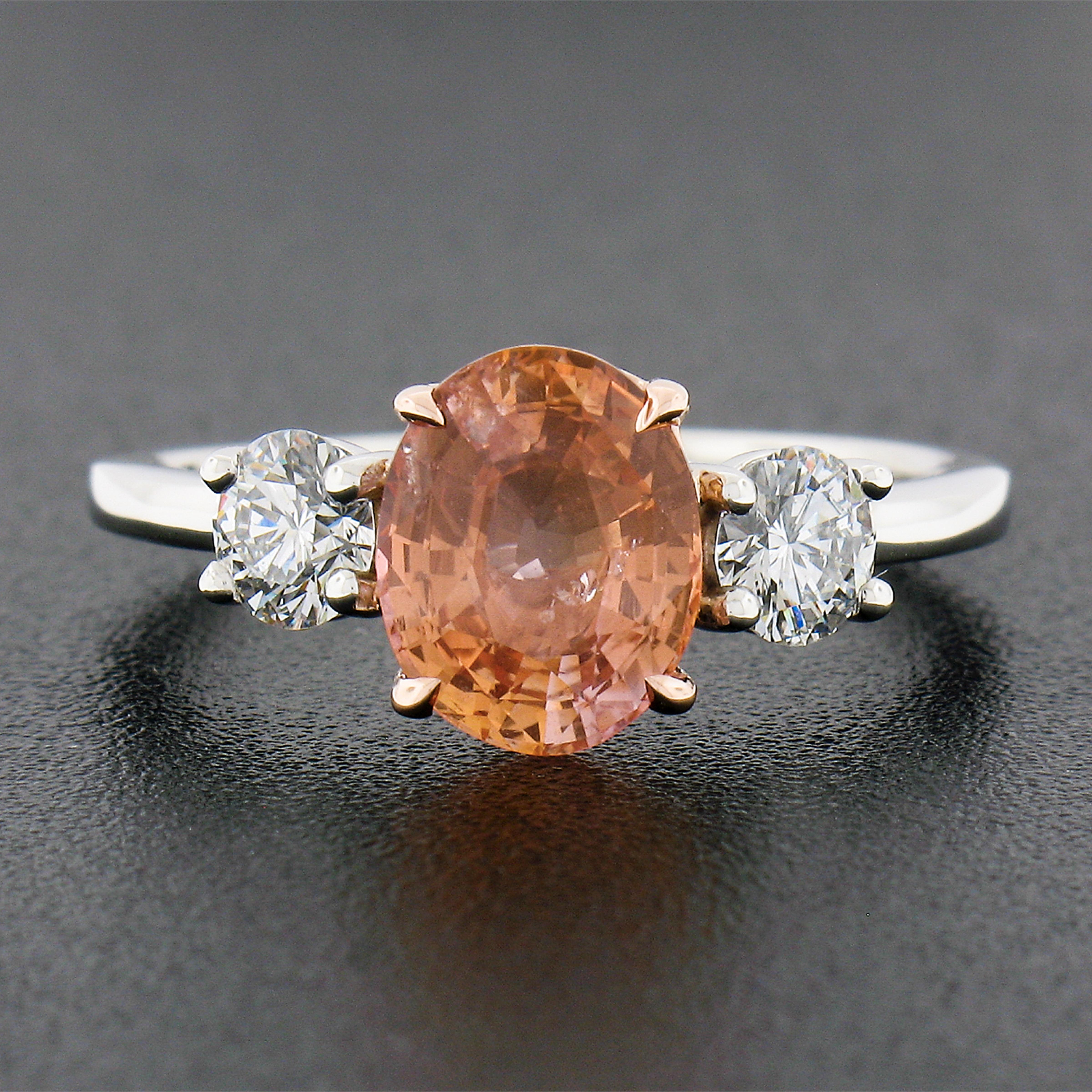 Oval Cut Platinum & 14k Gold AGL Ceylon Orange Sapphire & Diamond 3 Stone Engagement Ring For Sale