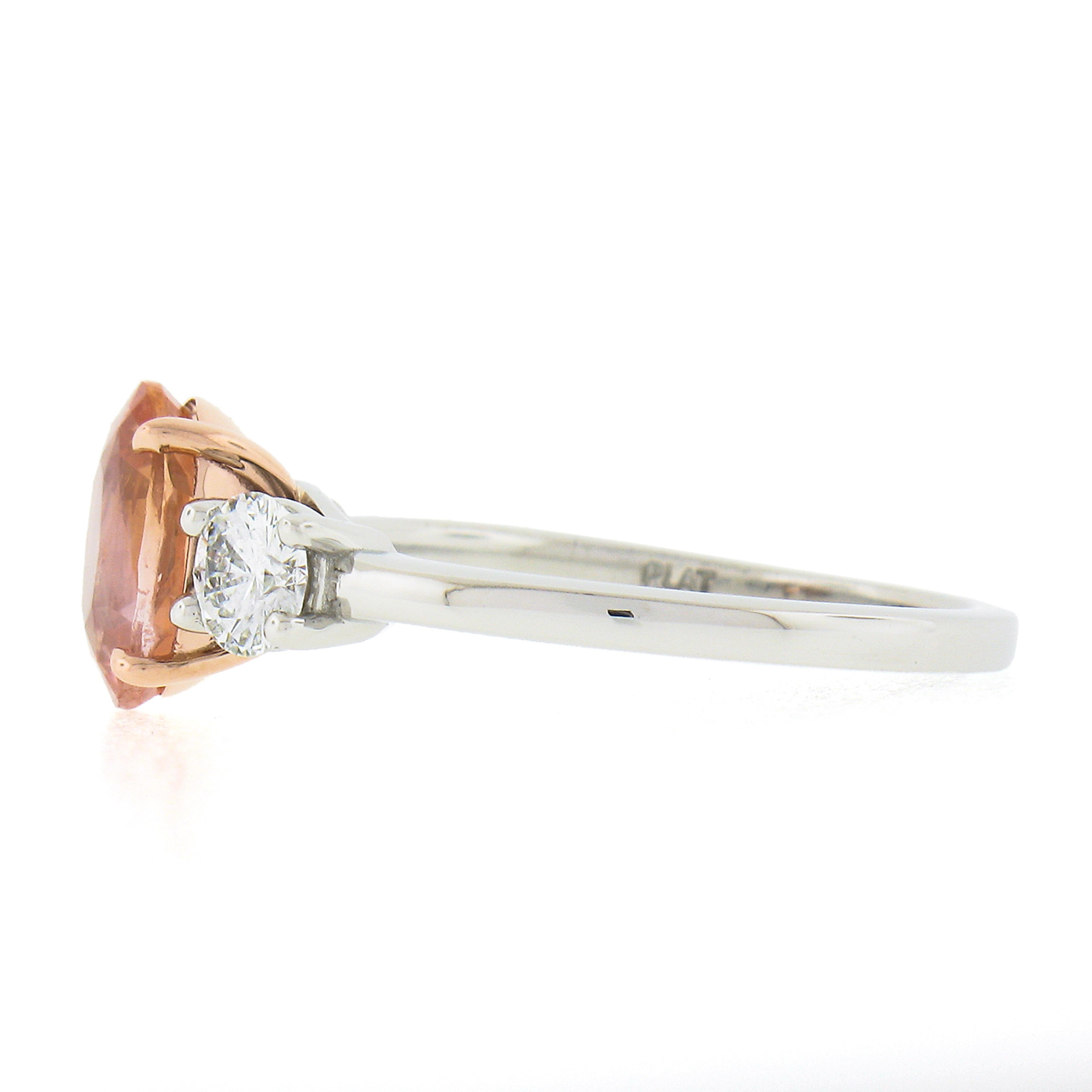 Platinum & 14k Gold AGL Ceylon Orange Sapphire & Diamond 3 Stone Engagement Ring For Sale 1
