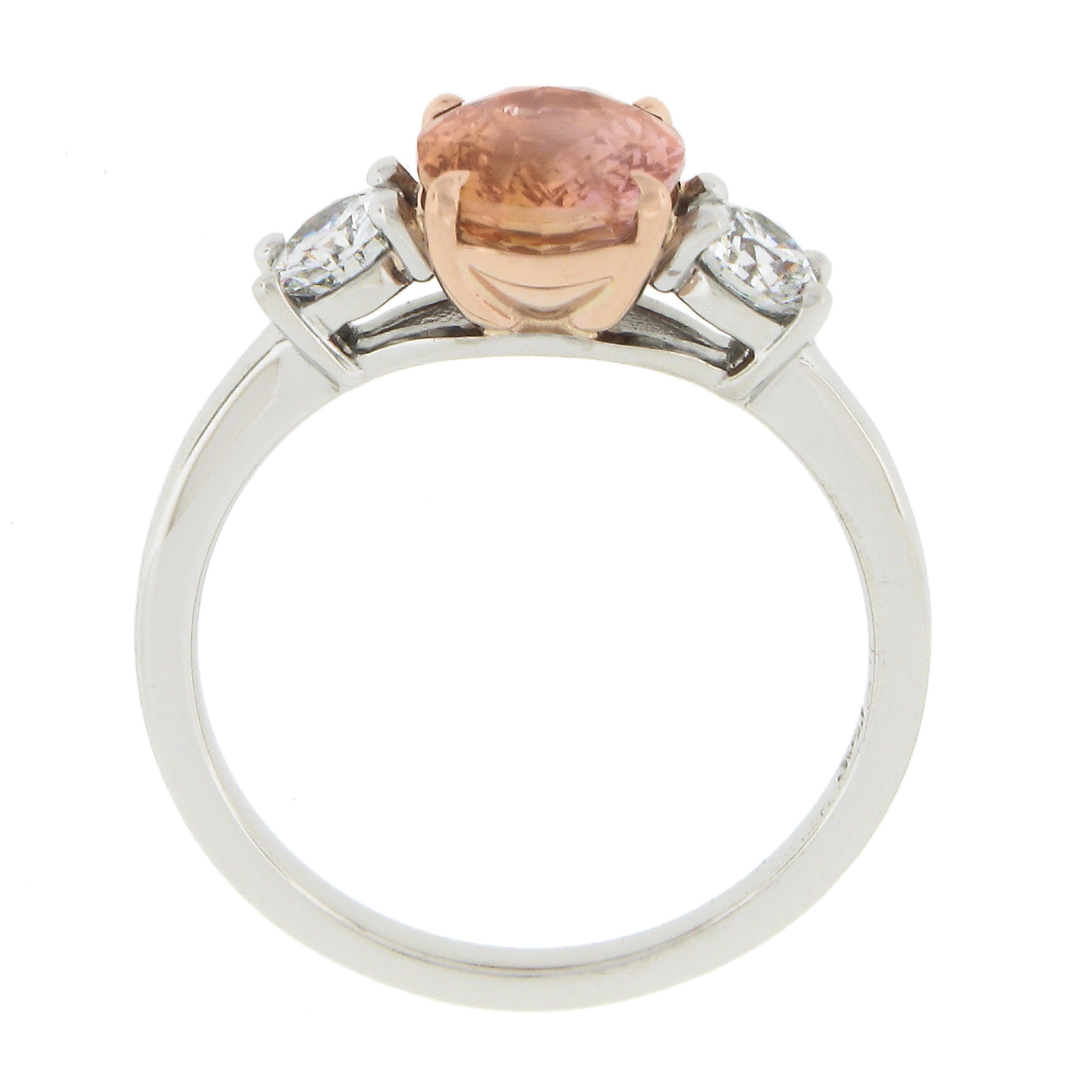 Platinum & 14k Gold AGL Ceylon Orange Sapphire & Diamond 3 Stone Engagement Ring For Sale 2