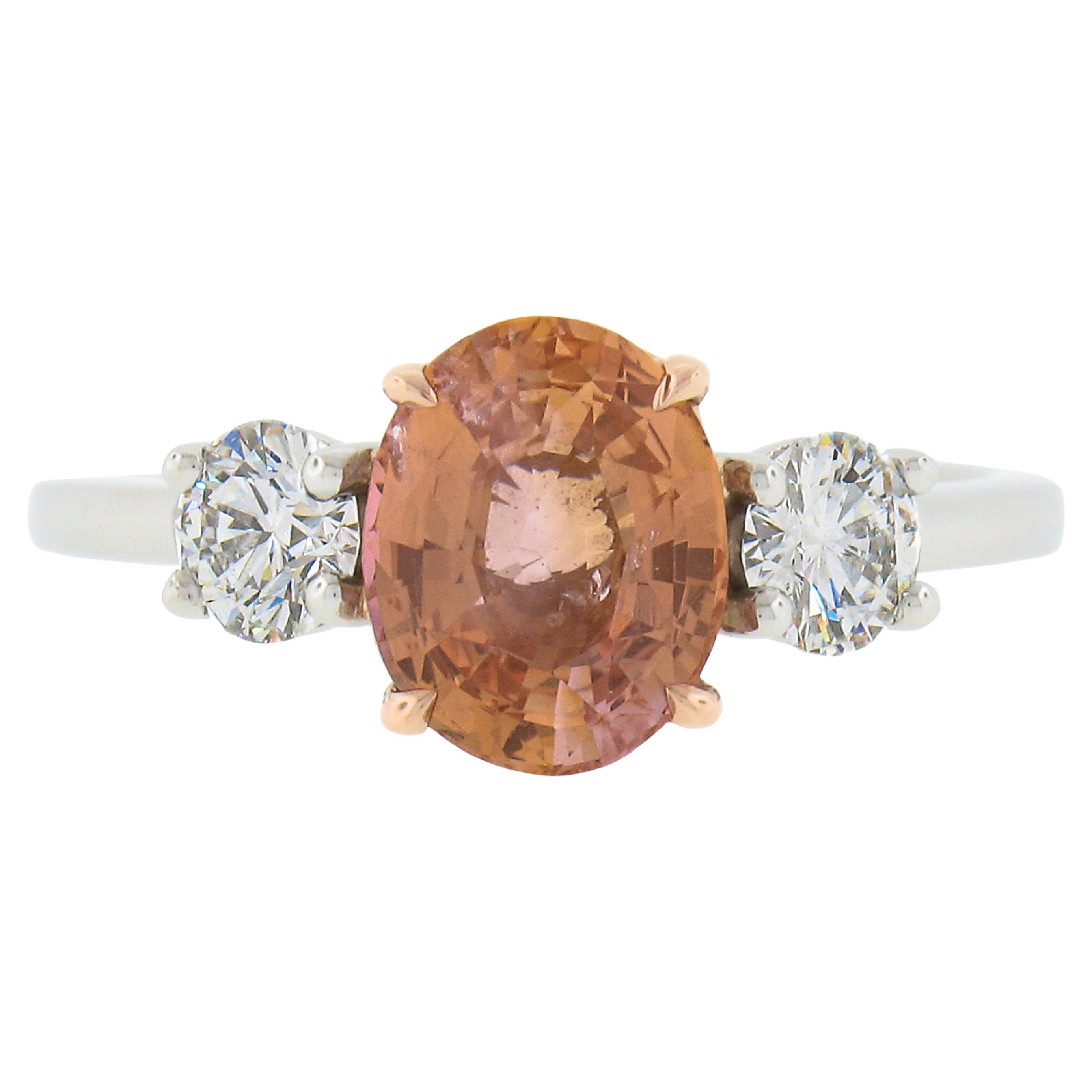 Platinum & 14k Gold AGL Ceylon Orange Sapphire & Diamond 3 Stone Engagement Ring