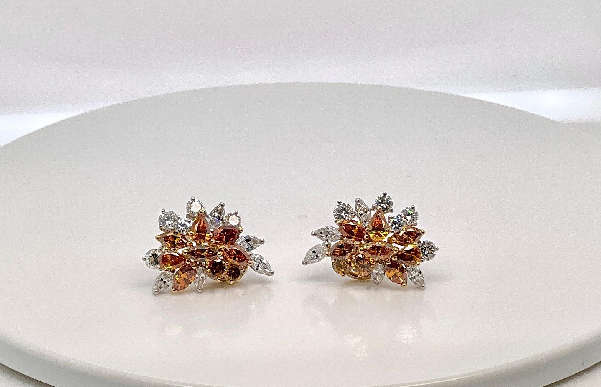 Platinum, 14k Gold, Colored Diamond, and Diamond Earrings In condizioni ottime in vendita a New York, NY