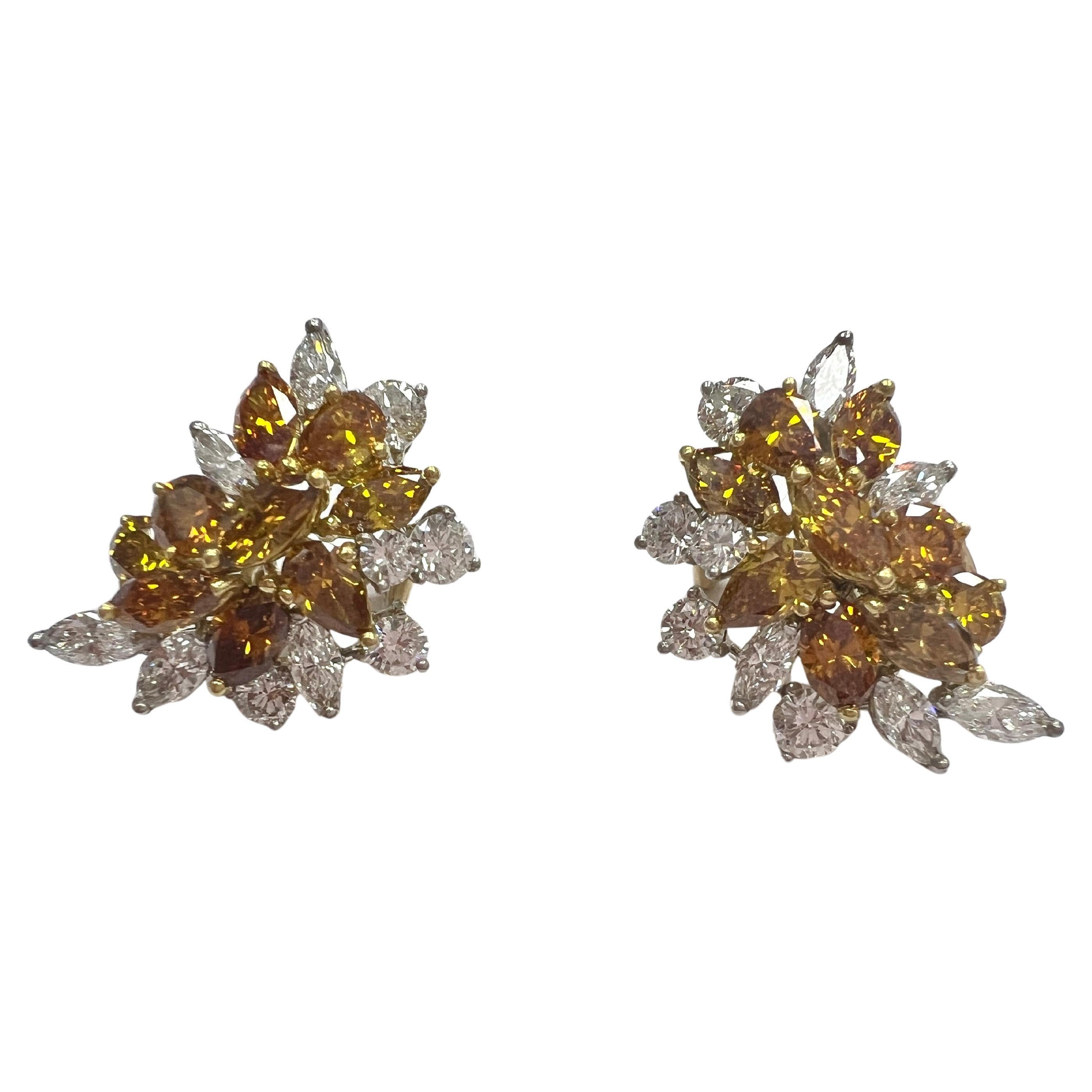 Platinum, 14k Gold, Colored Diamond, and Diamond Earrings
