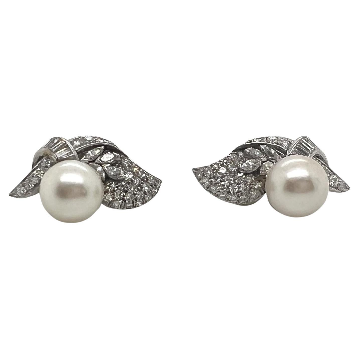 Platinum, 14k Gold, Cultured Pearl, and Diamond Earrings