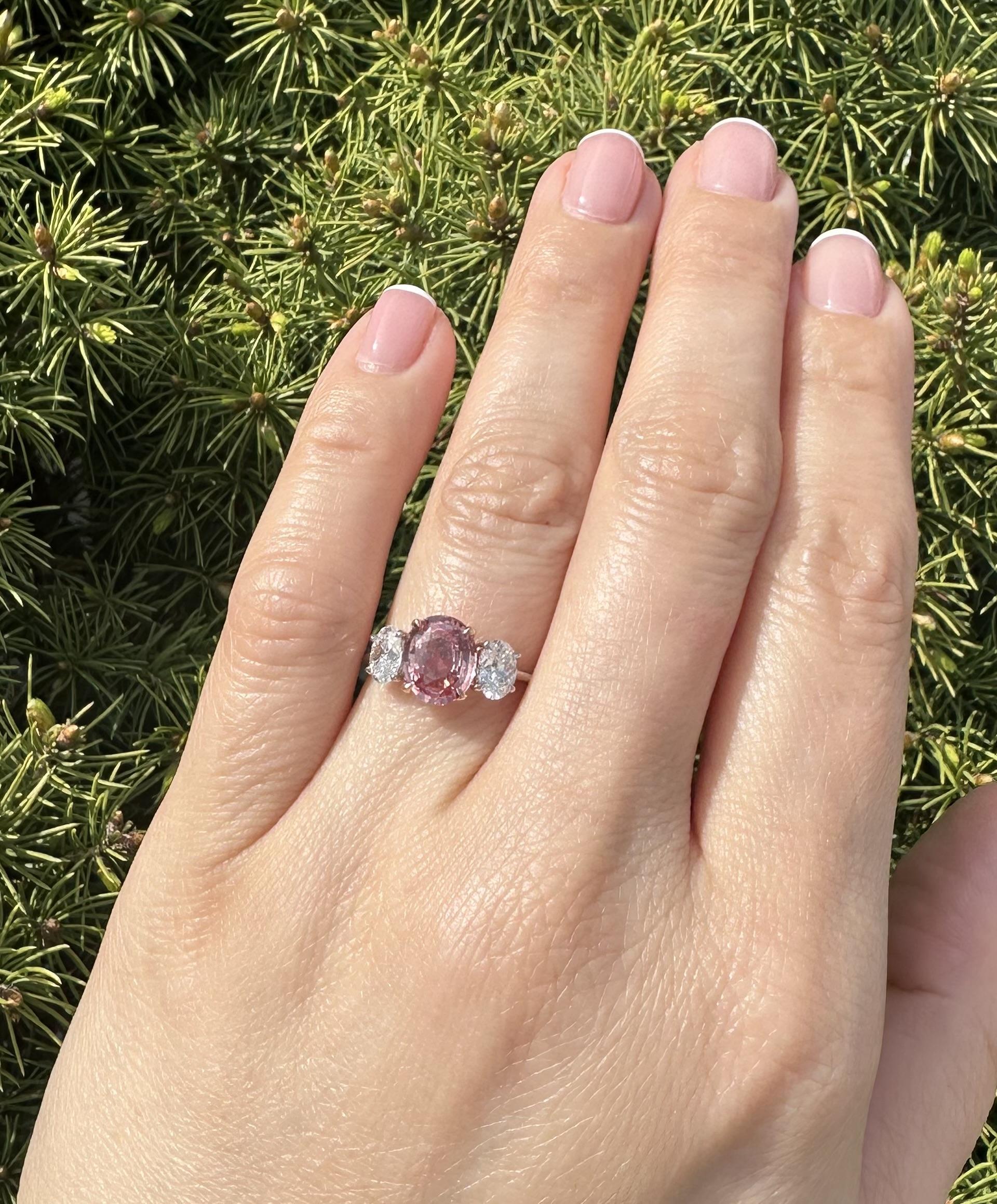Platinum 14k Gold GIA 3.11ctw No Heat Padparadscha Oval Sapphire Diamond Ring For Sale 5