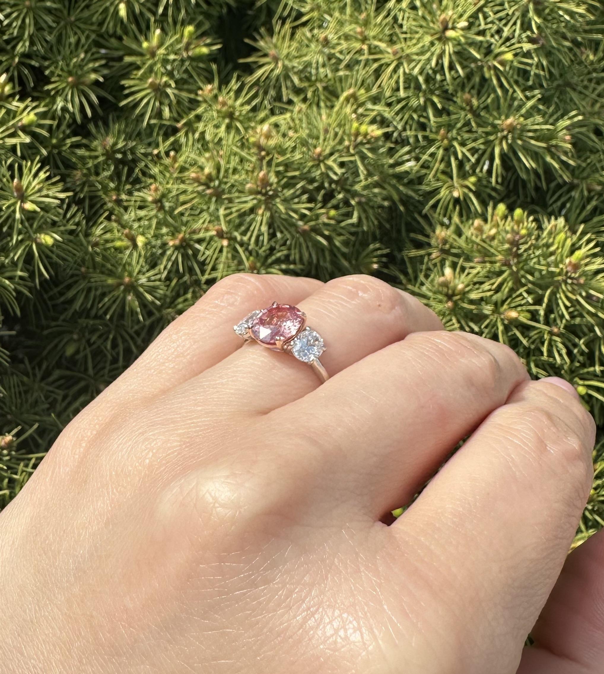 Platinum 14k Gold GIA 3.11ctw No Heat Padparadscha Oval Sapphire Diamond Ring For Sale 6