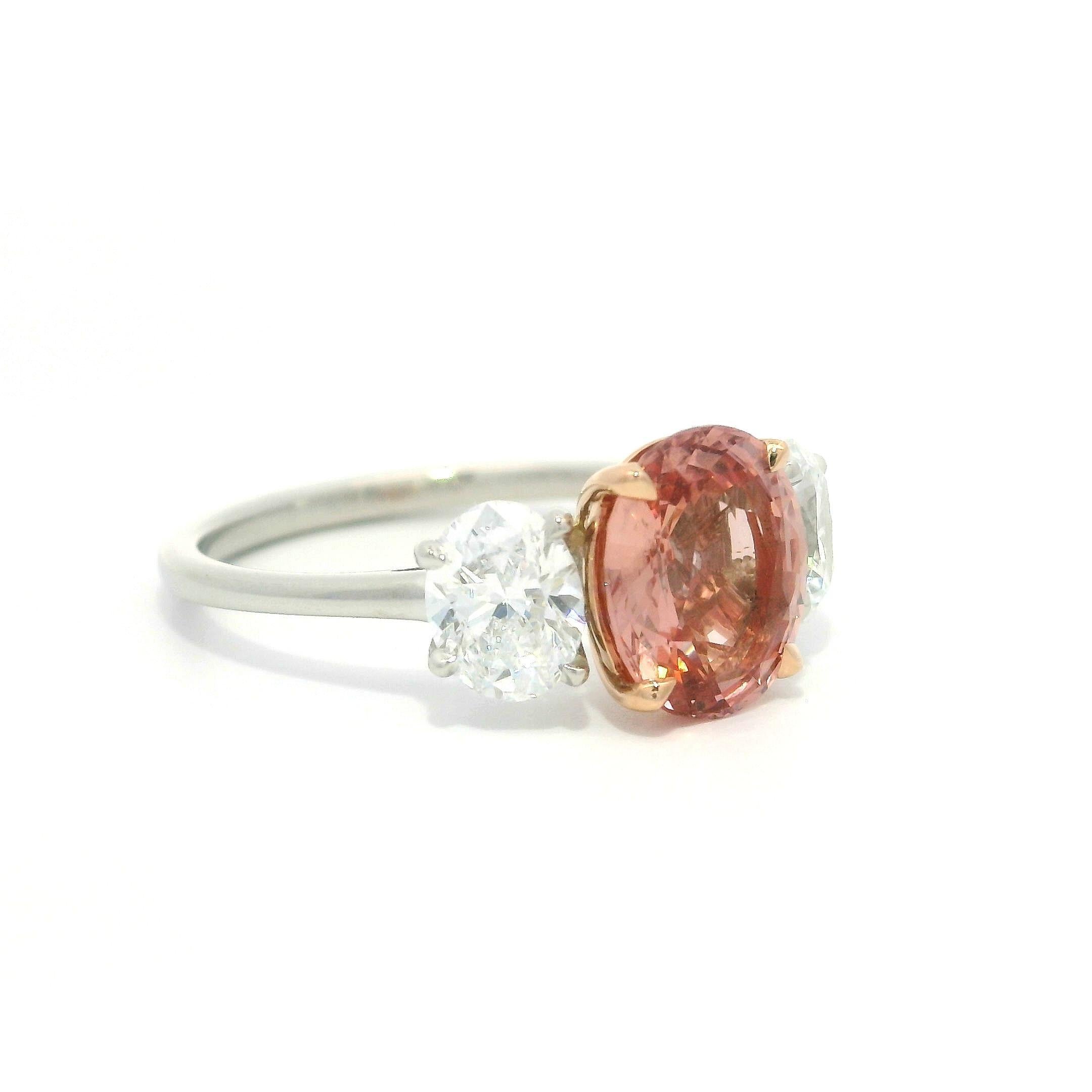 Platinum 14k Gold GIA 3.11ctw No Heat Padparadscha Oval Sapphire Diamond Ring For Sale 7