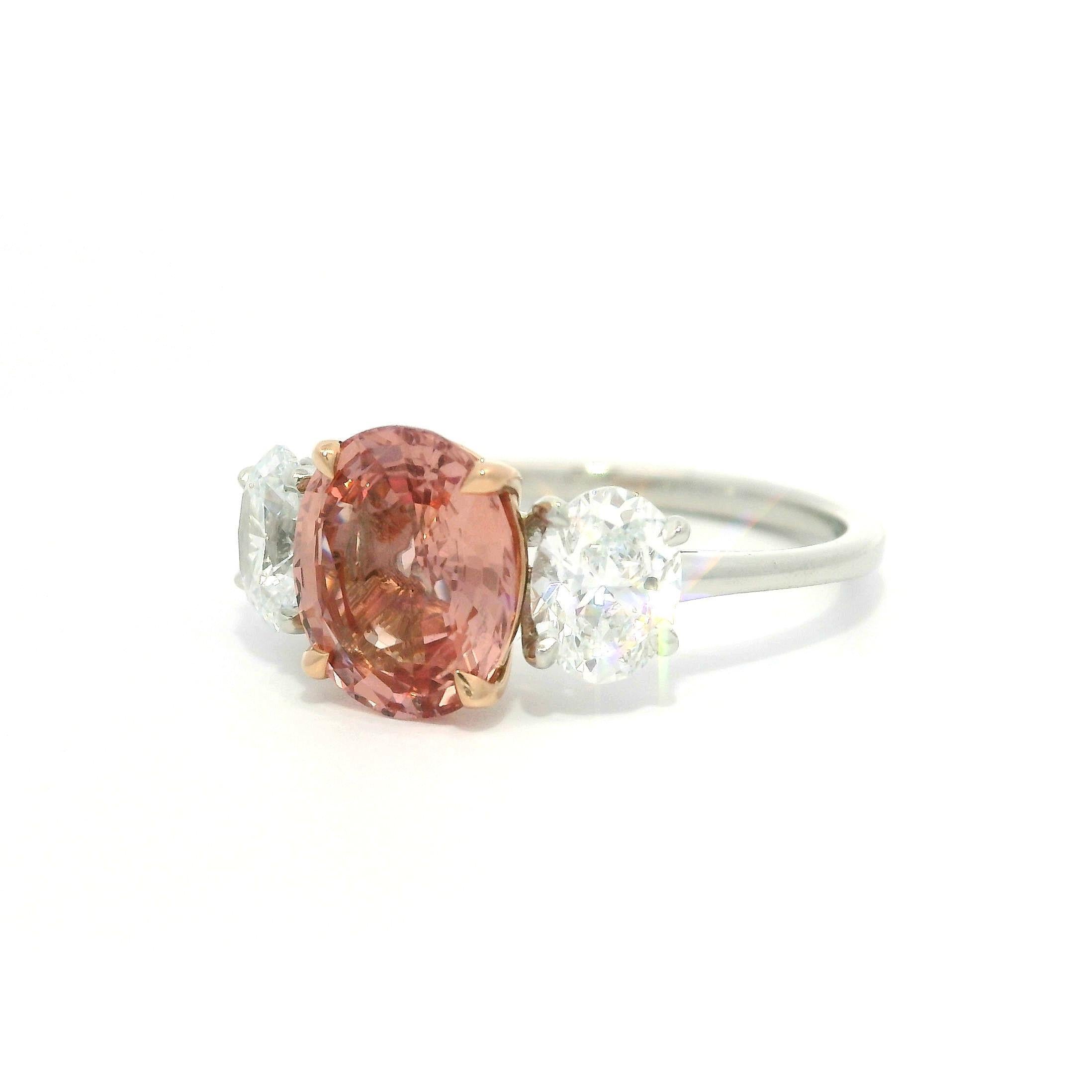Platinum 14k Gold GIA 3.11ctw No Heat Padparadscha Oval Sapphire Diamond Ring For Sale 8