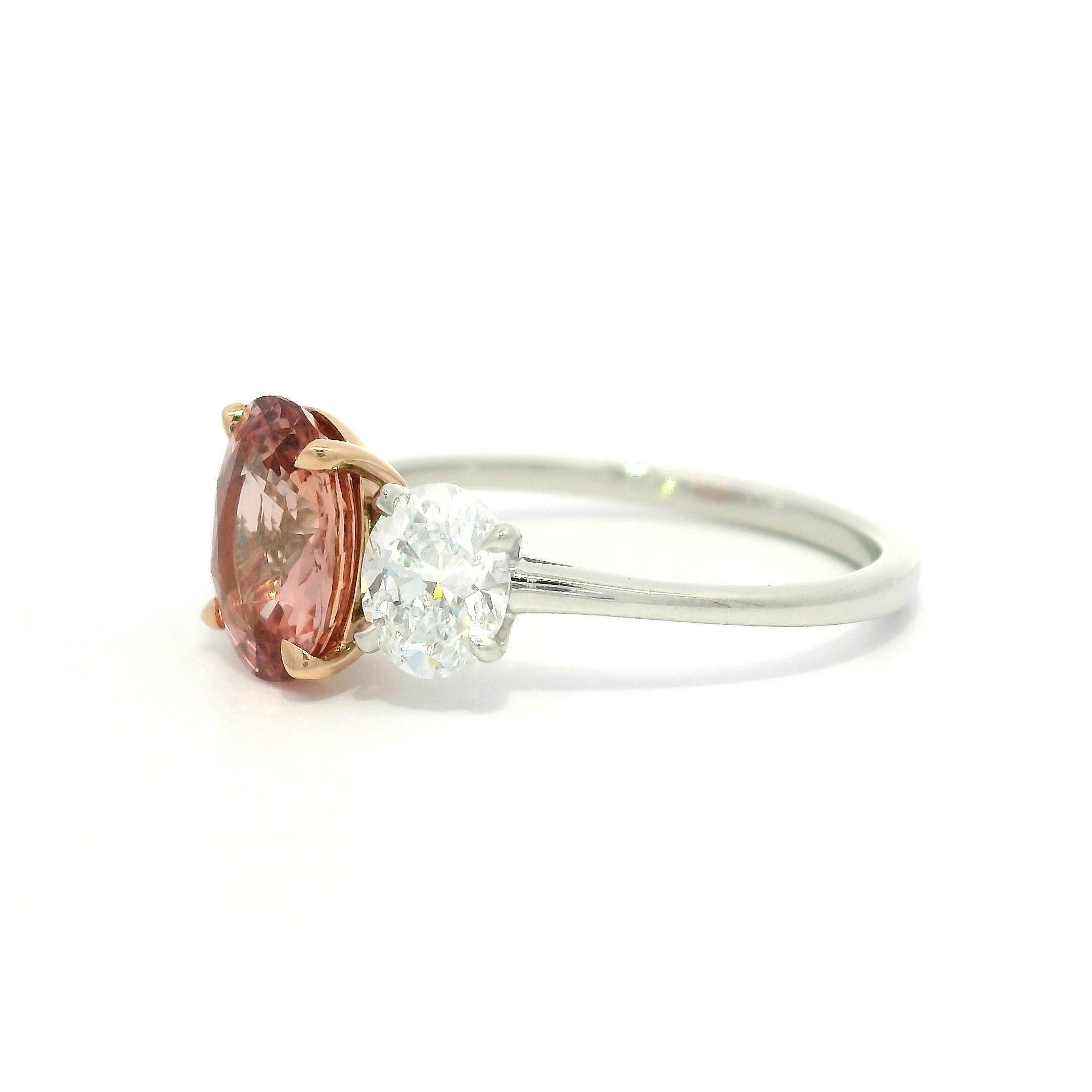 Platinum 14k Gold GIA 3.11ctw No Heat Padparadscha Oval Sapphire Diamond Ring For Sale 9