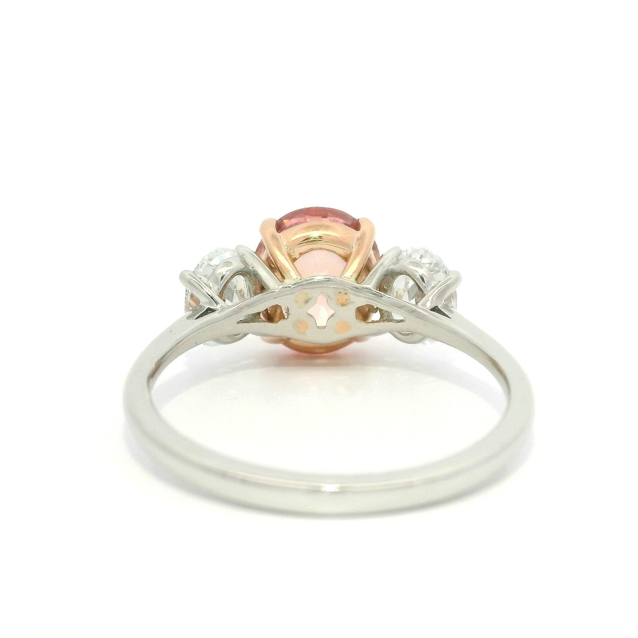 Platinum 14k Gold GIA 3.11ctw No Heat Padparadscha Oval Sapphire Diamond Ring For Sale 11