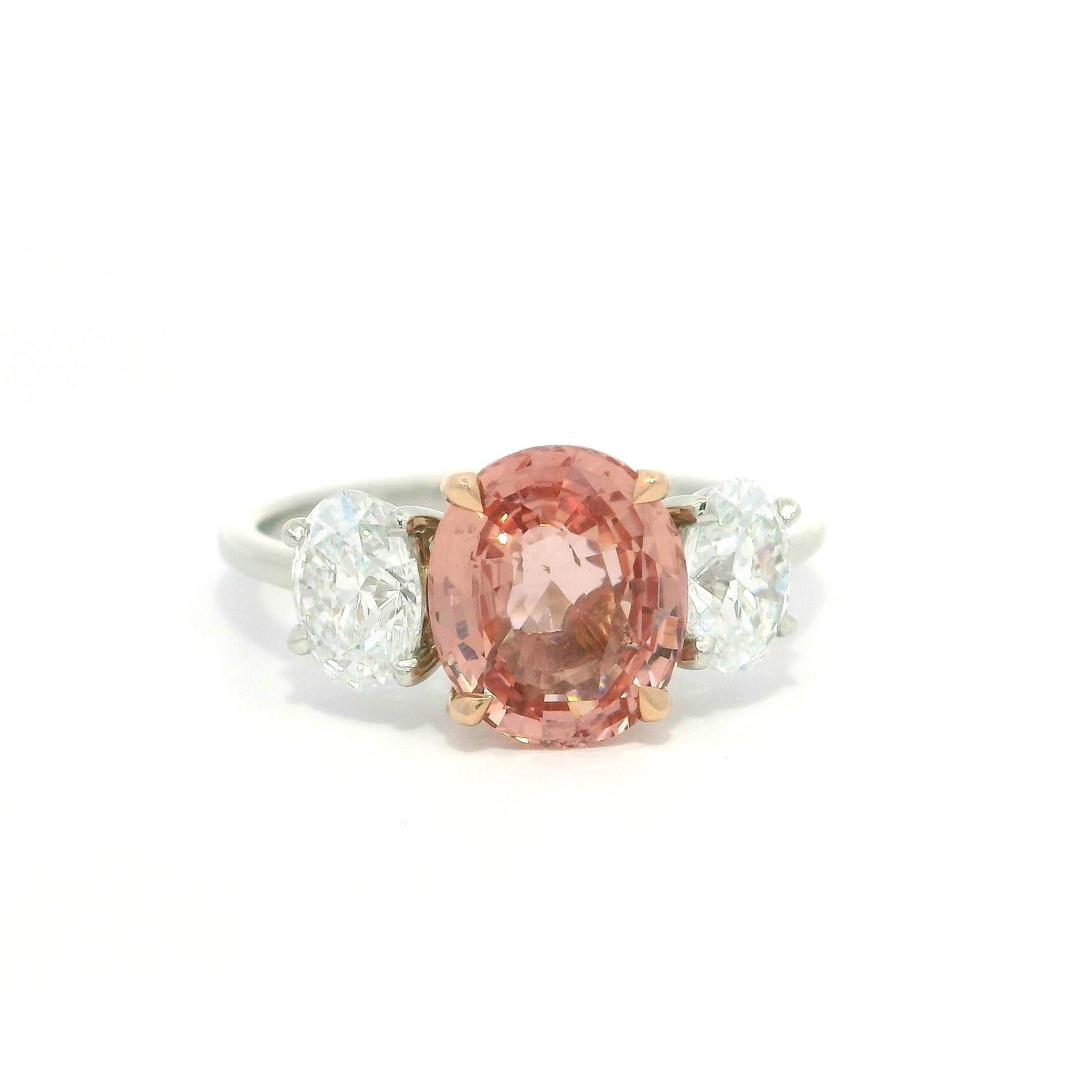 Platinum 14k Gold GIA 3.11ctw No Heat Padparadscha Oval Sapphire Diamond Ring For Sale 12
