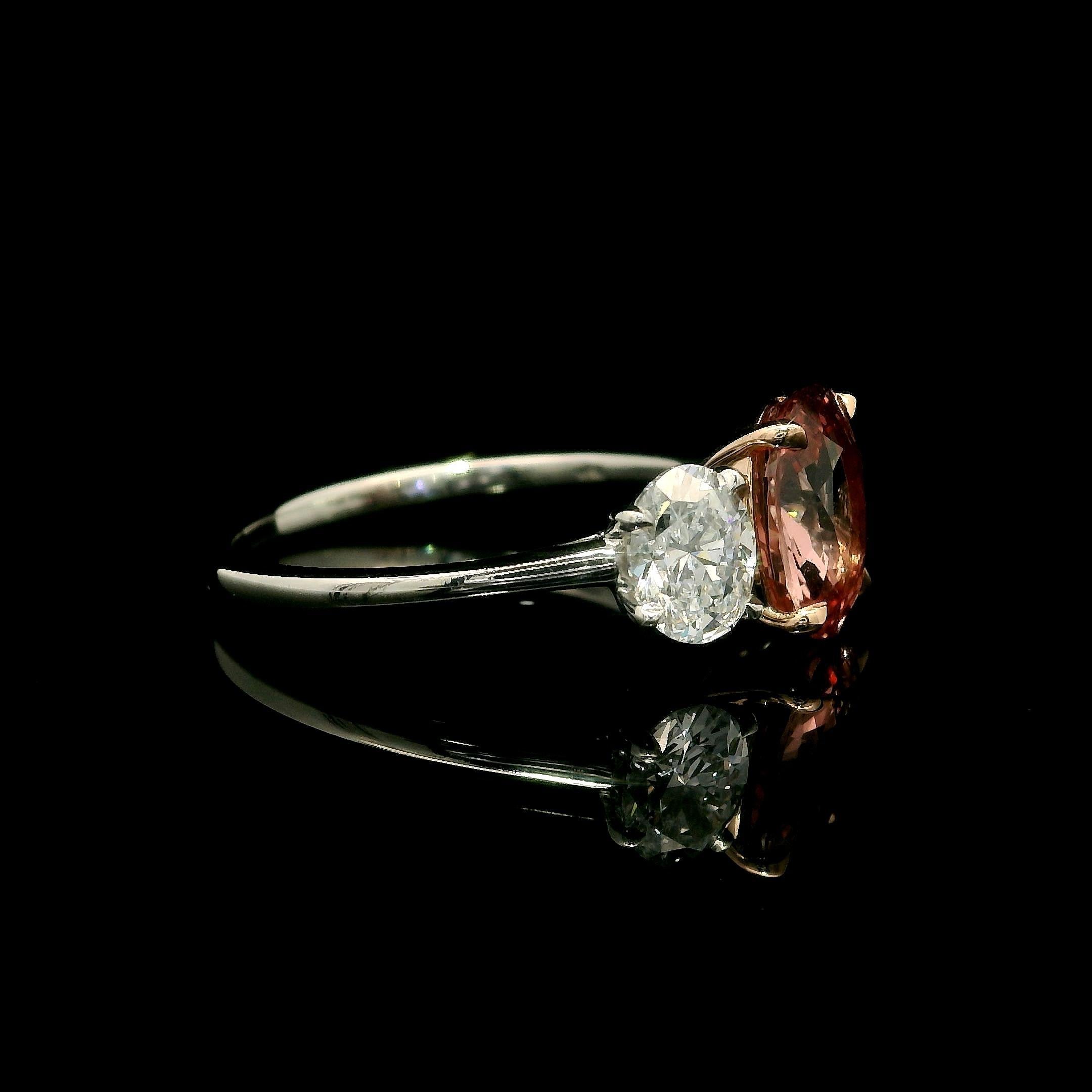Platinum 14k Gold GIA 3.11ctw No Heat Padparadscha Oval Sapphire Diamond Ring In New Condition For Sale In Montclair, NJ