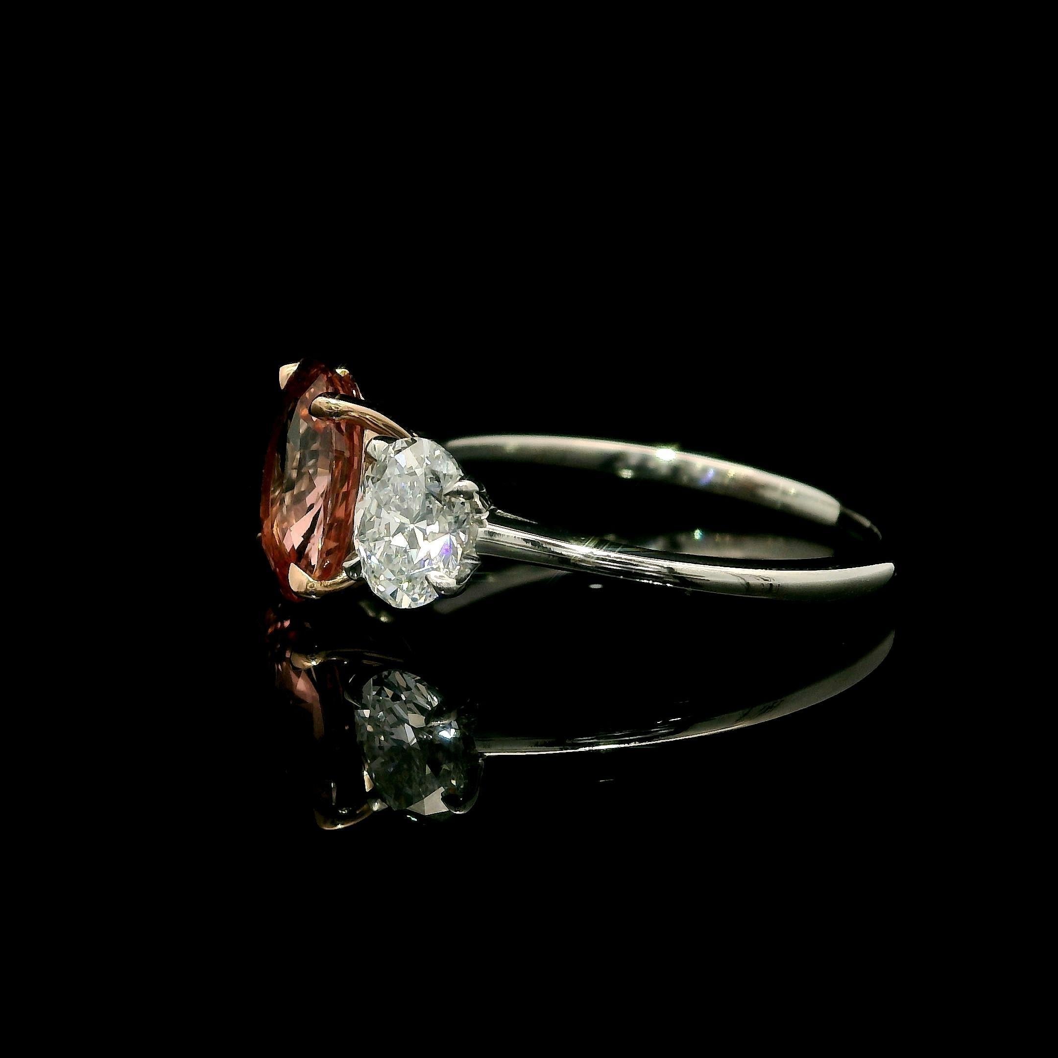 Platinum 14k Gold GIA 3.11ctw No Heat Padparadscha Oval Sapphire Diamond Ring For Sale 2