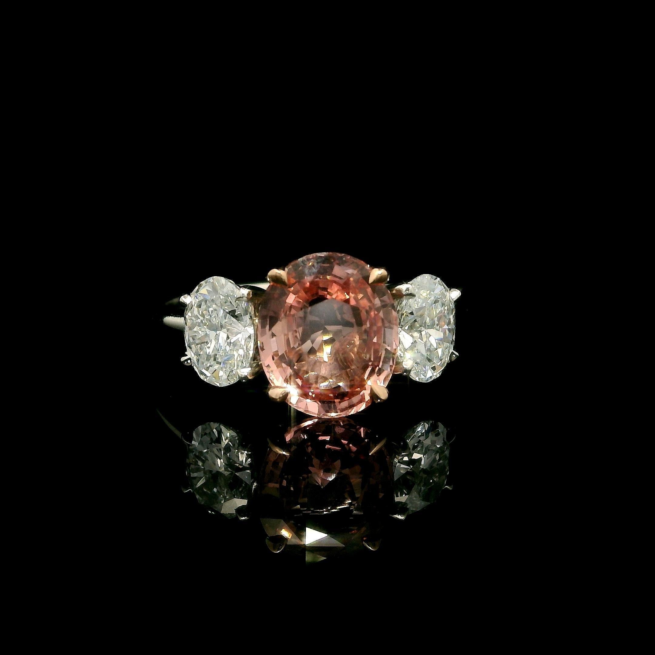 Platinum 14k Gold GIA 3.11ctw No Heat Padparadscha Oval Sapphire Diamond Ring For Sale 4