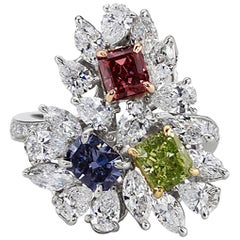 Platinum & 14k Gold GIA Certified Fancy Color Red Blue & Green Diamond Ring