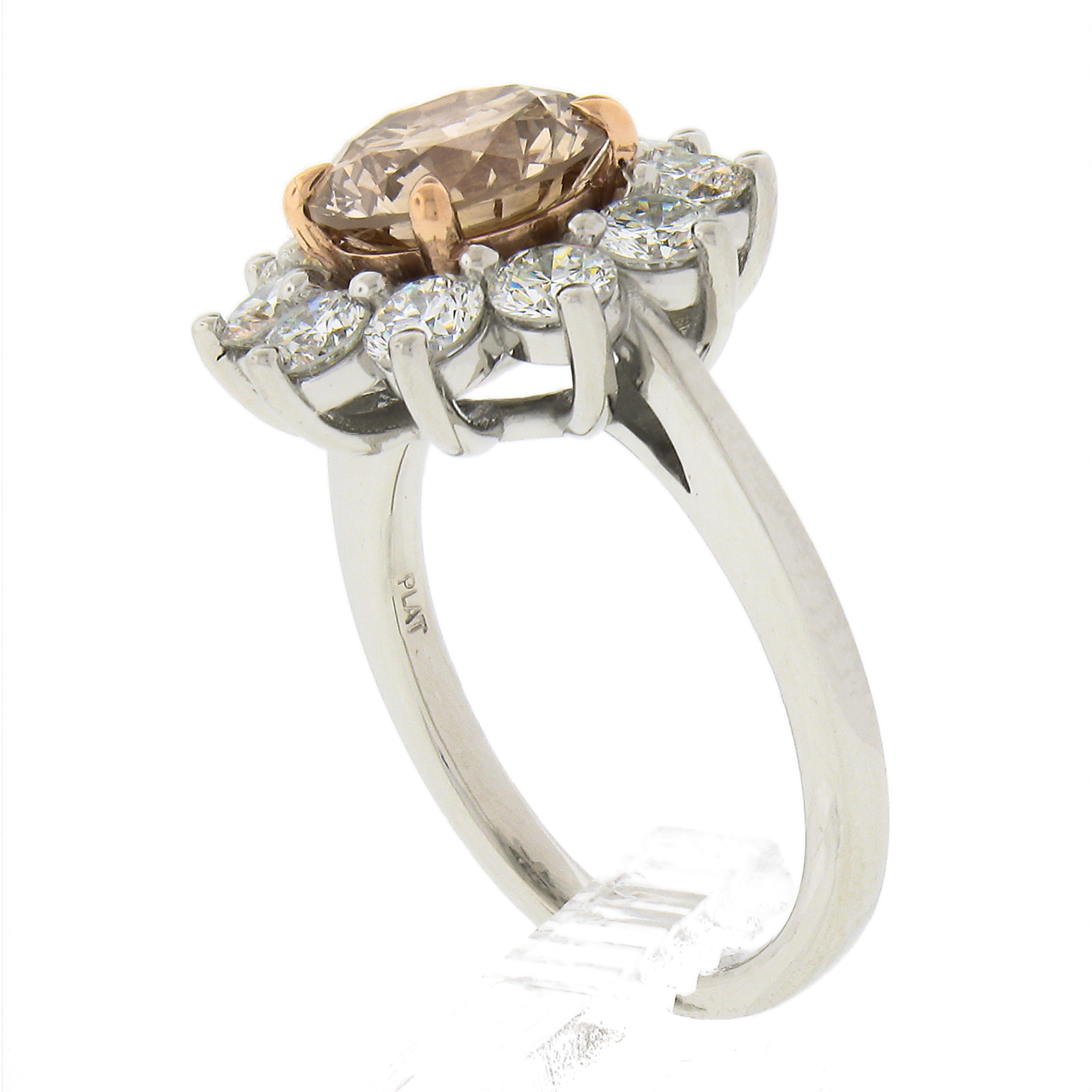 Platinum & 14k Gold Gia Fancy Light Brown Diamond Flower Halo Engagement Ring 3